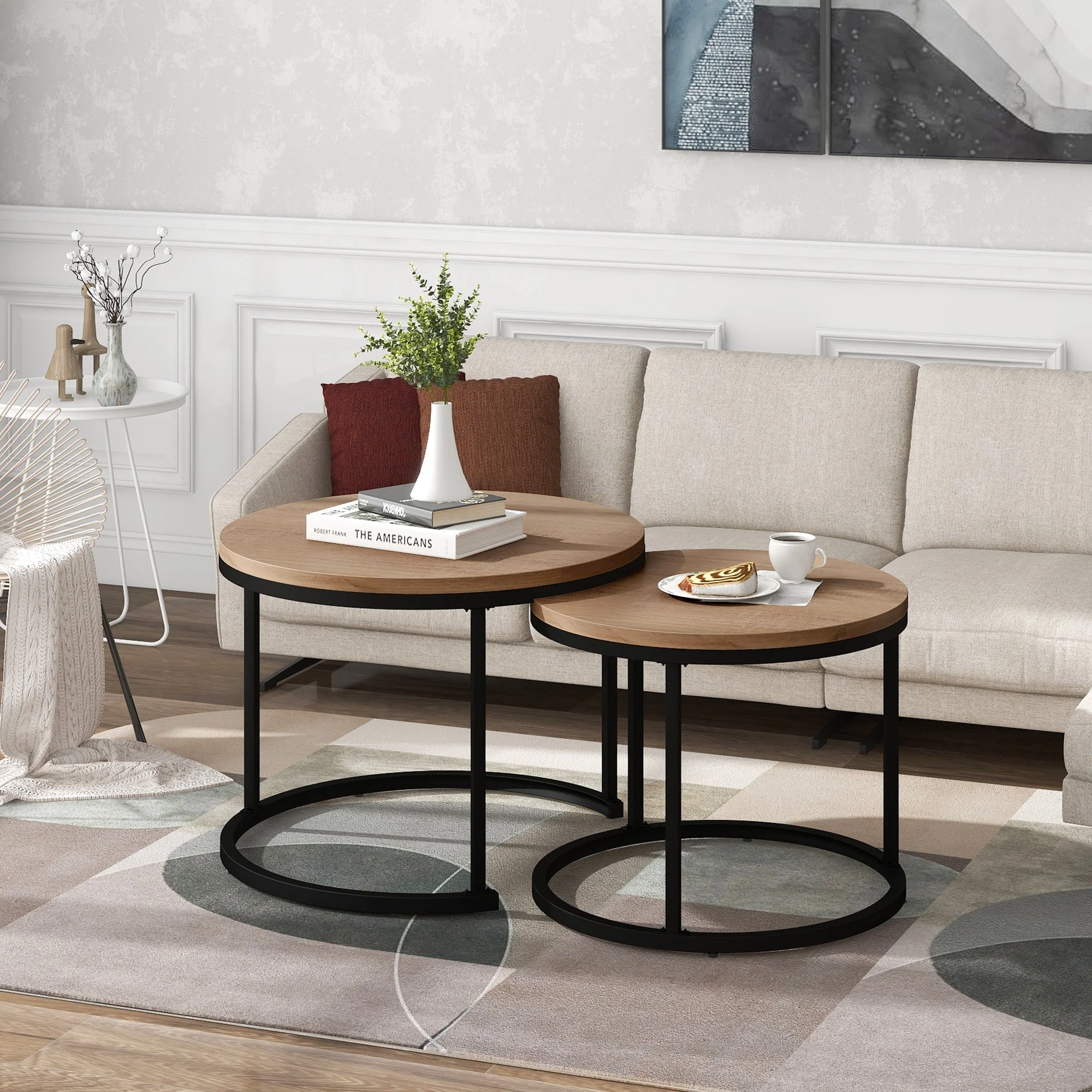 Round coffee table set of 2 nested side tables (oak) - Image 2