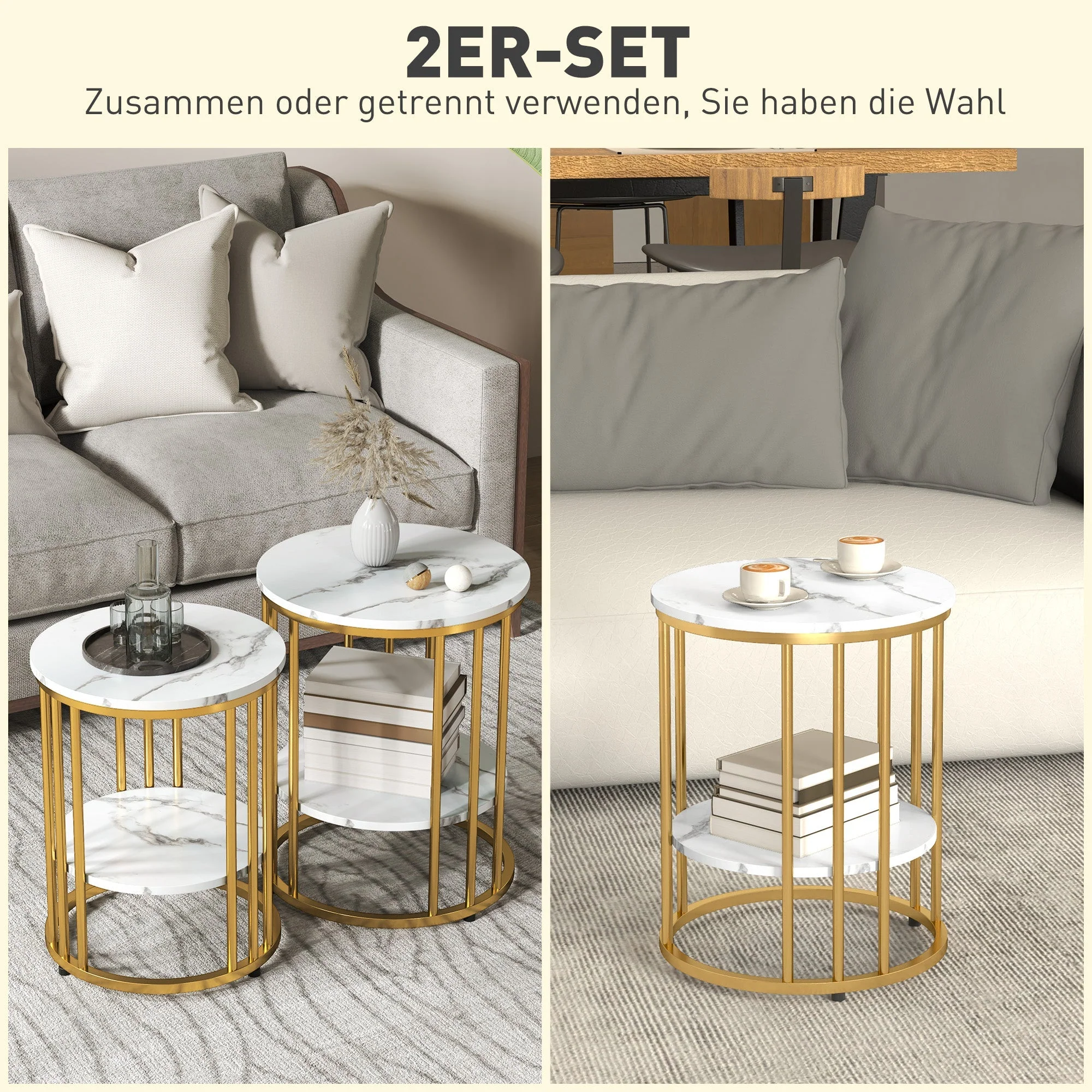 Round coffee table set of 2, side table with shelf, steel frame, white - Image 4