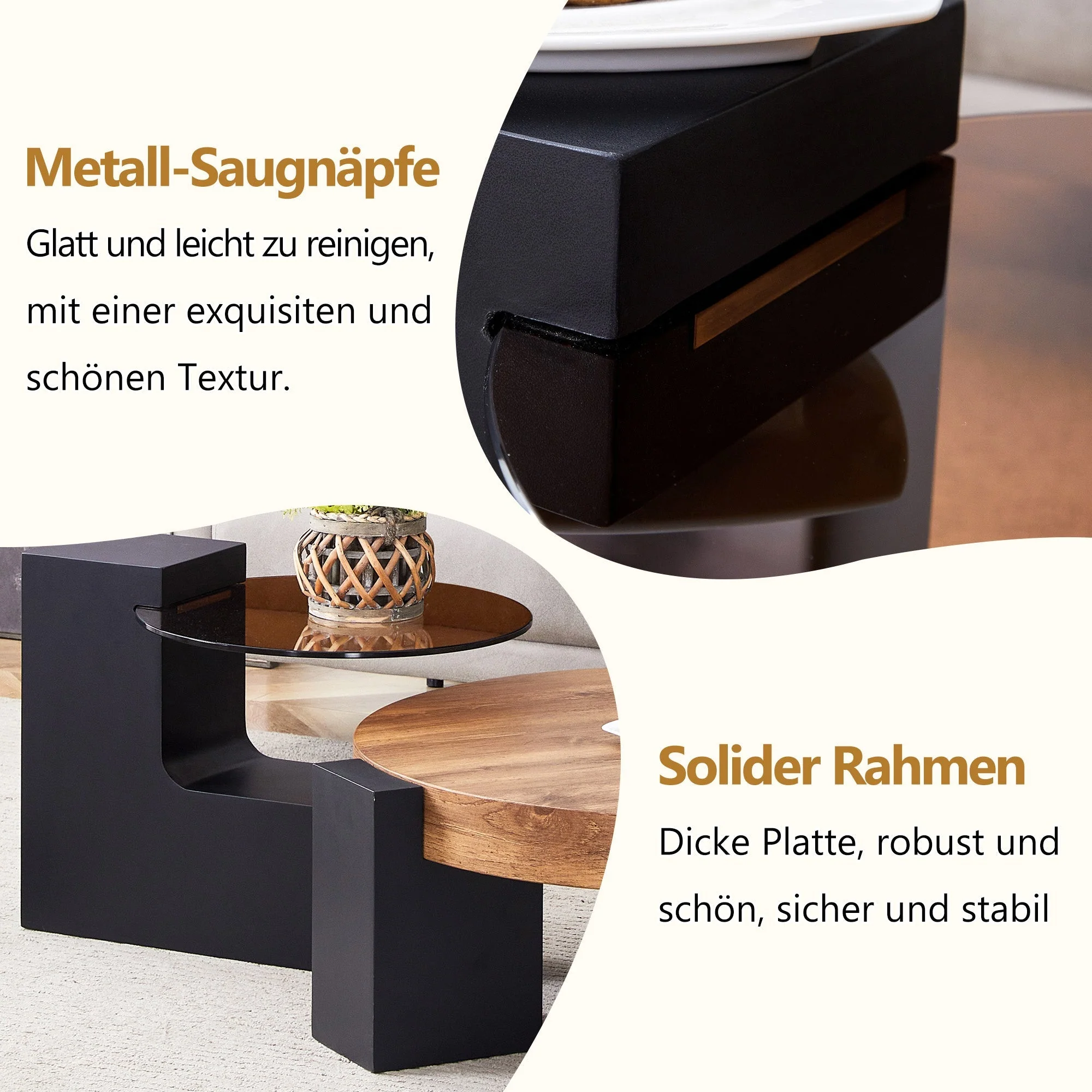 Round Coffee Table Two-Tier Detachable Transparent Brown Glass Top Black MDF Legs - Image 5