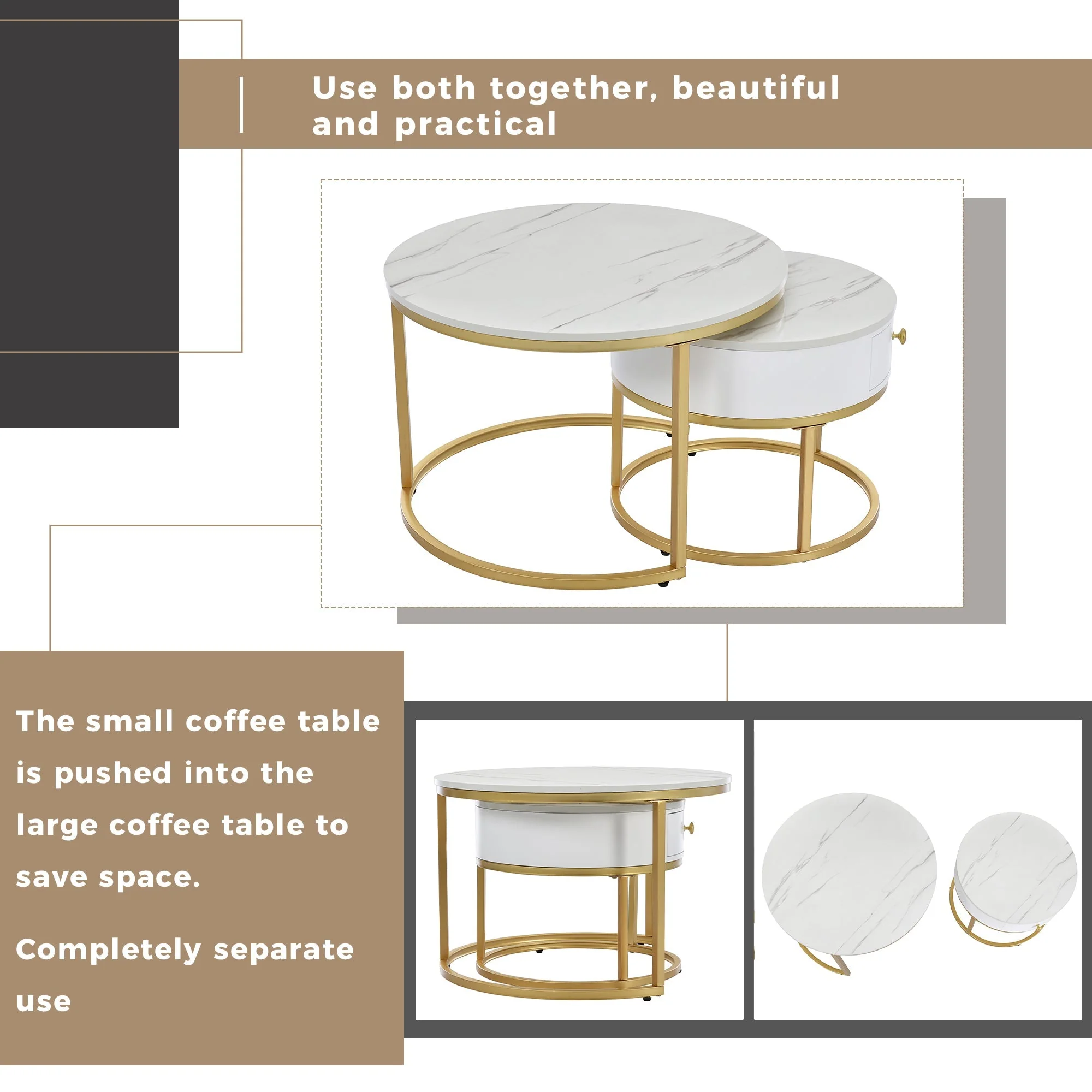 Round Coffee Tables, Set of 2 Nesting End Tables with Drawer and Storage, Gold Metal and Marble Pattern Top - Image 4