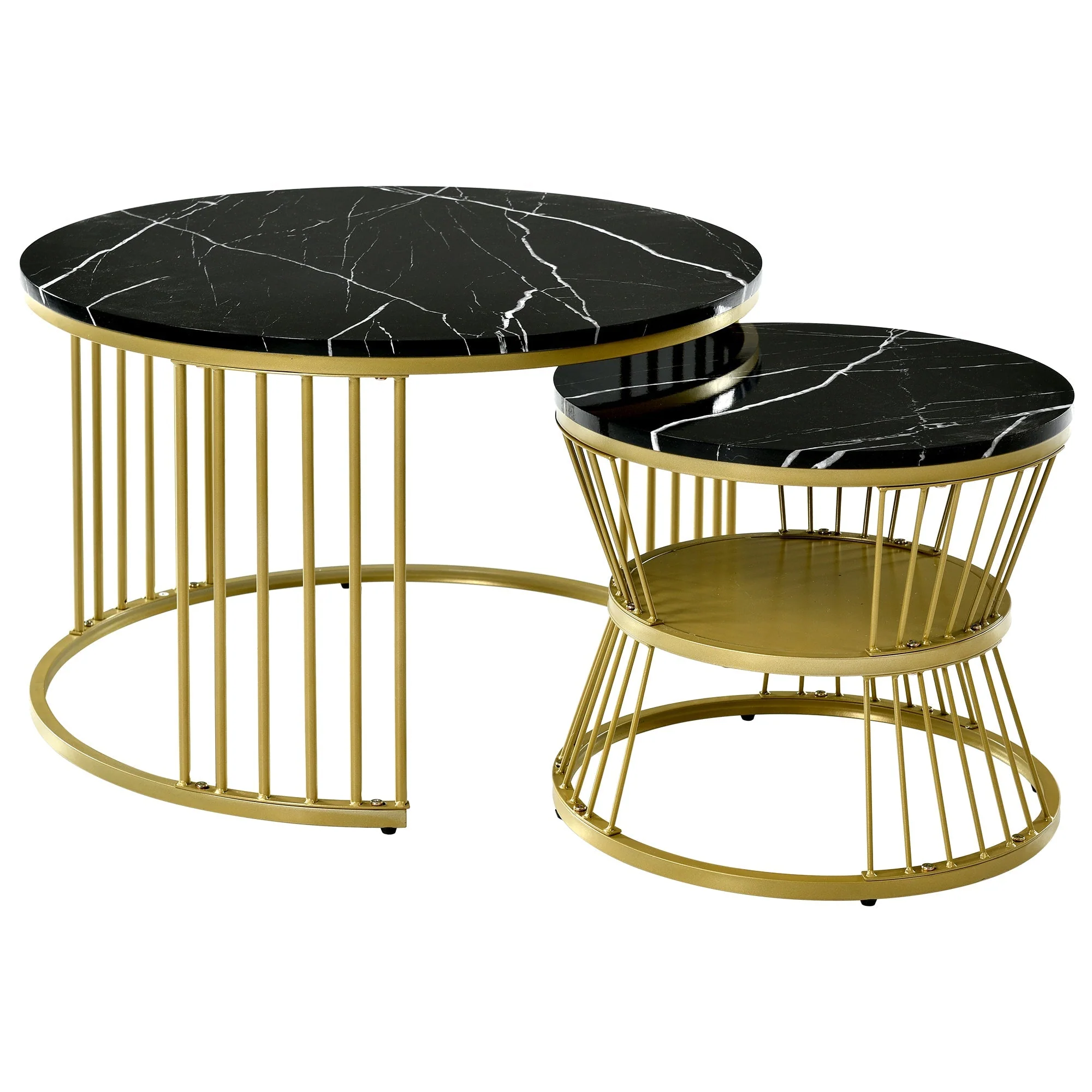 Round Coffee Tables, Set of 2 Nesting End Tables with Gold Metal Frame and Marble Pattern Top - Image 7