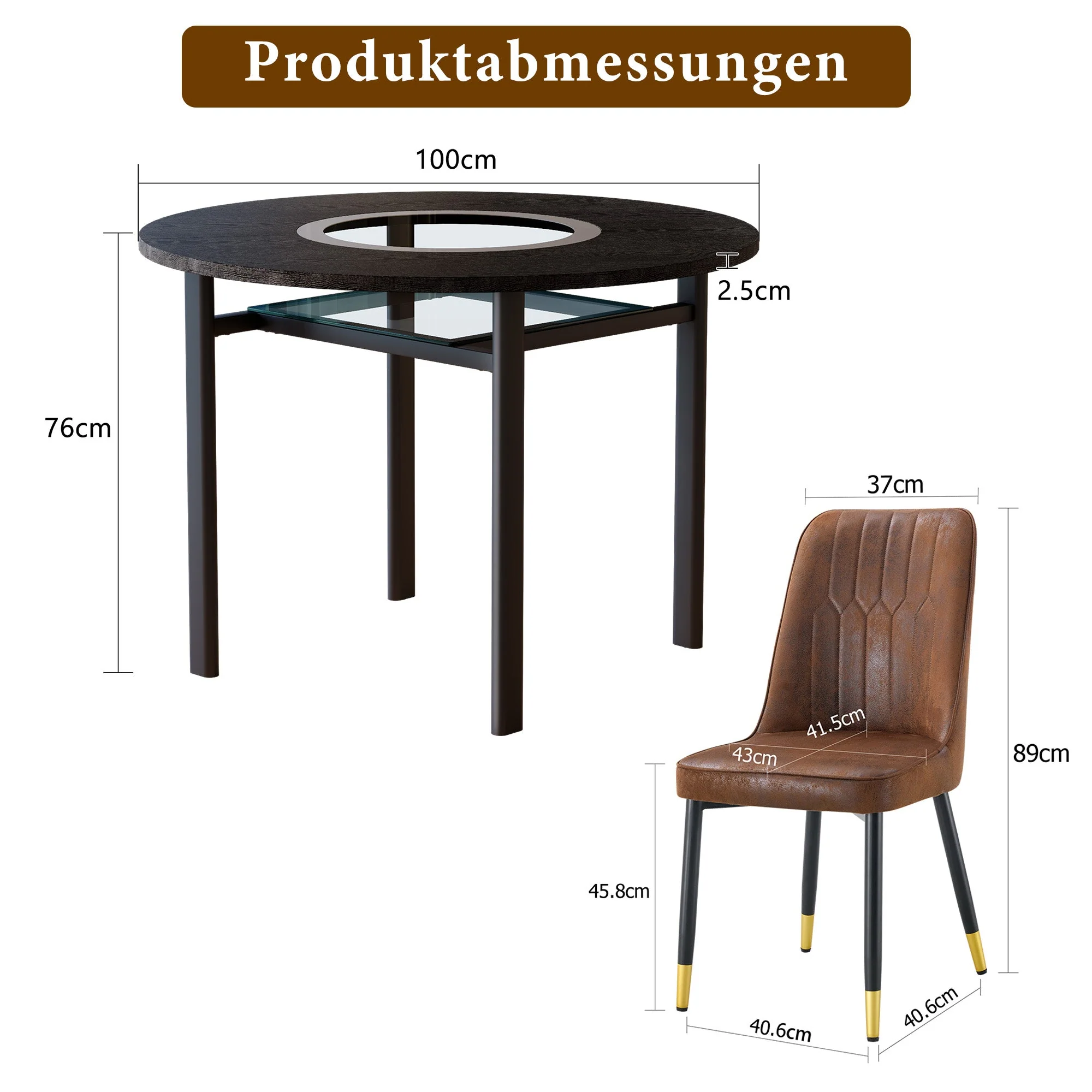 Round Dining Set 100cm 4 Tech Fabric Chairs - Black Wood Look/Brown - Image 4
