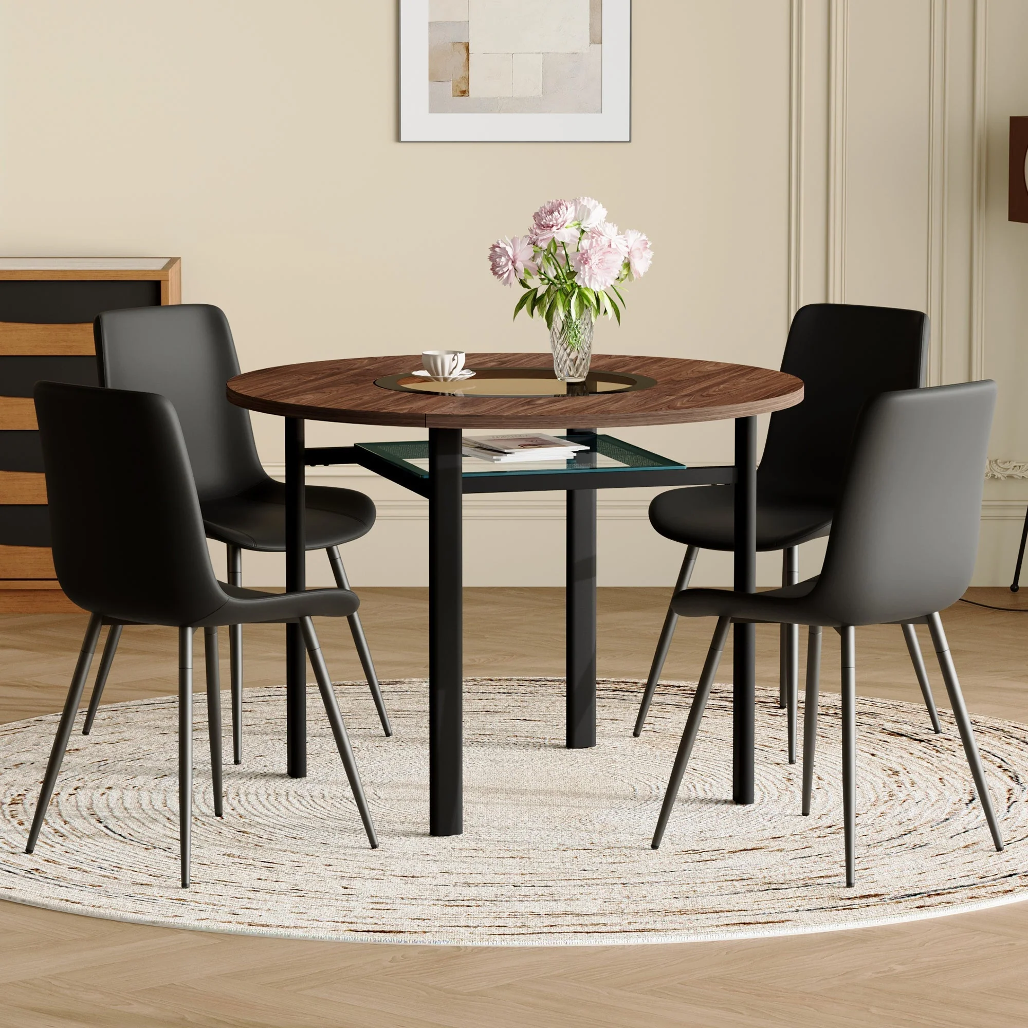 Round Dining Set 100cm Integrated Storage 4 Chairs - Brown Wood Look/Black PU - Image 3