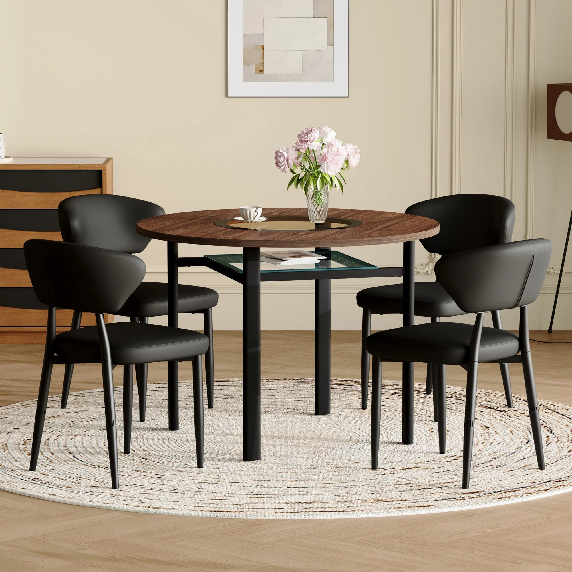 Round Dining Set 100cm Minimalist Table 4 PU Armchairs - Wood Look/Black - Image 3