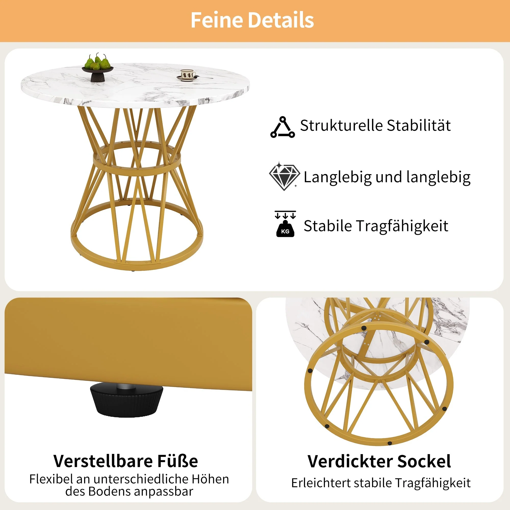 Round Dining Table 100cm 4-Seater MDF Marble Top Gold - Image 10