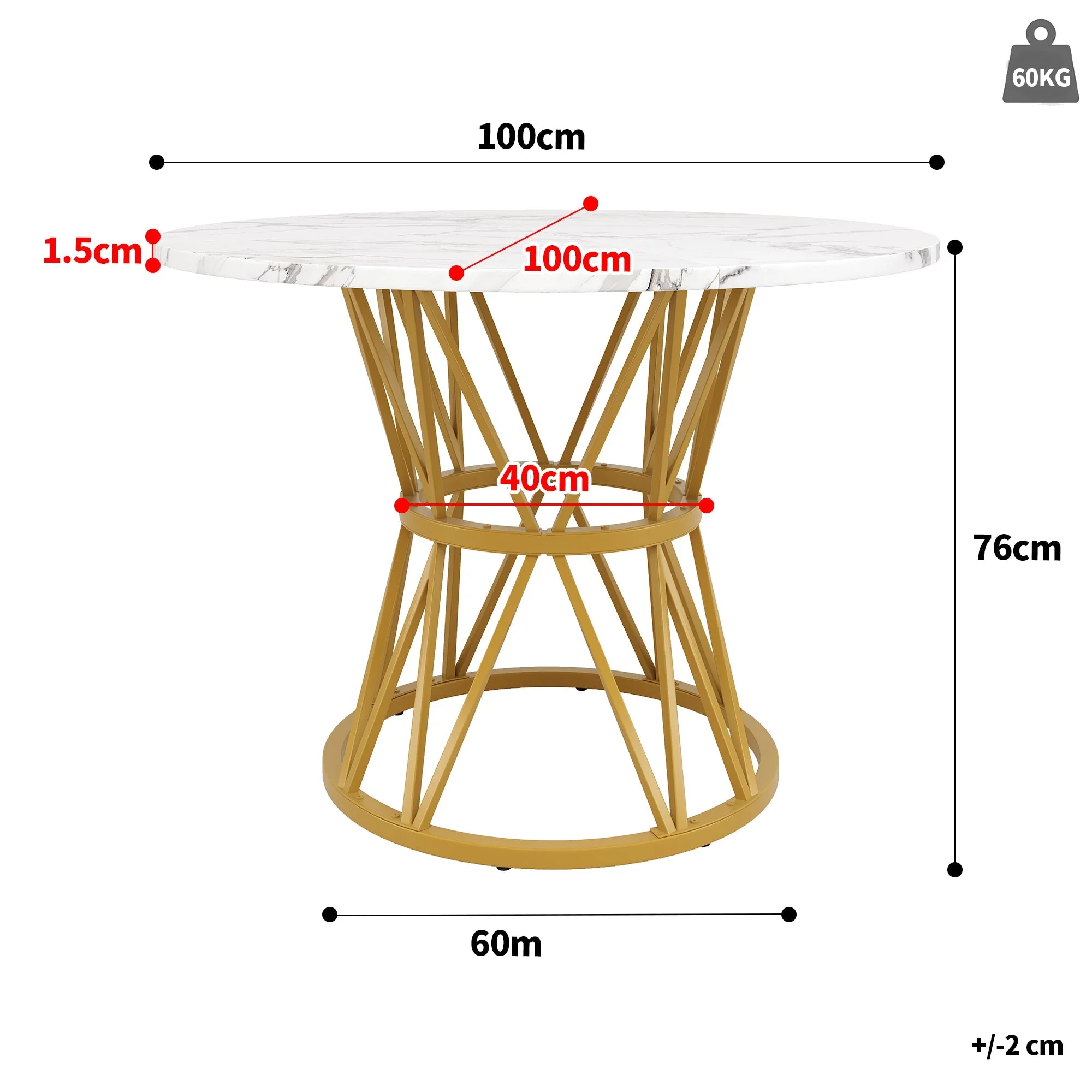 Round Dining Table 100cm 4-Seater MDF Marble Top Gold - Image 3