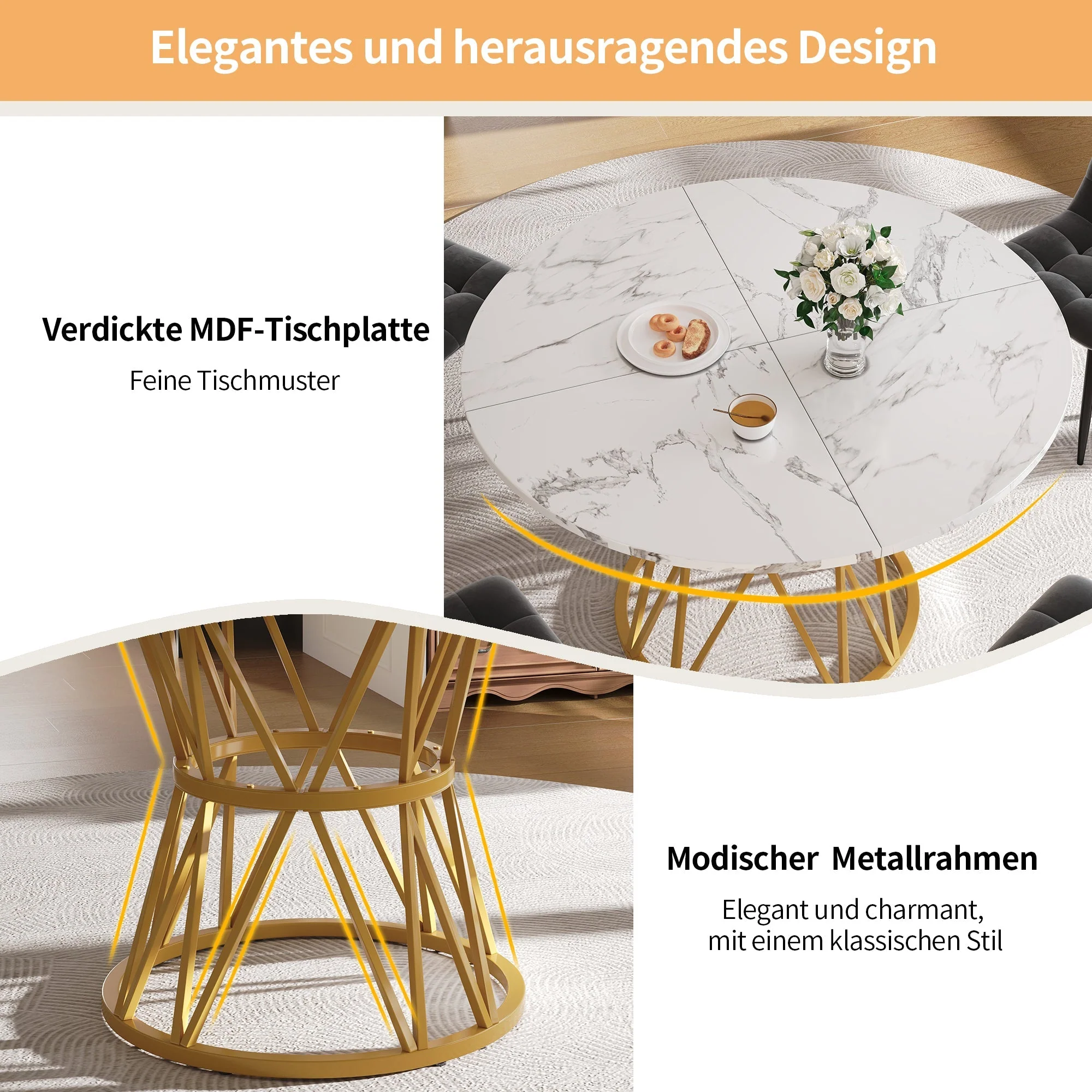 Round Dining Table 100cm 4-Seater MDF Marble Top Gold - Image 8