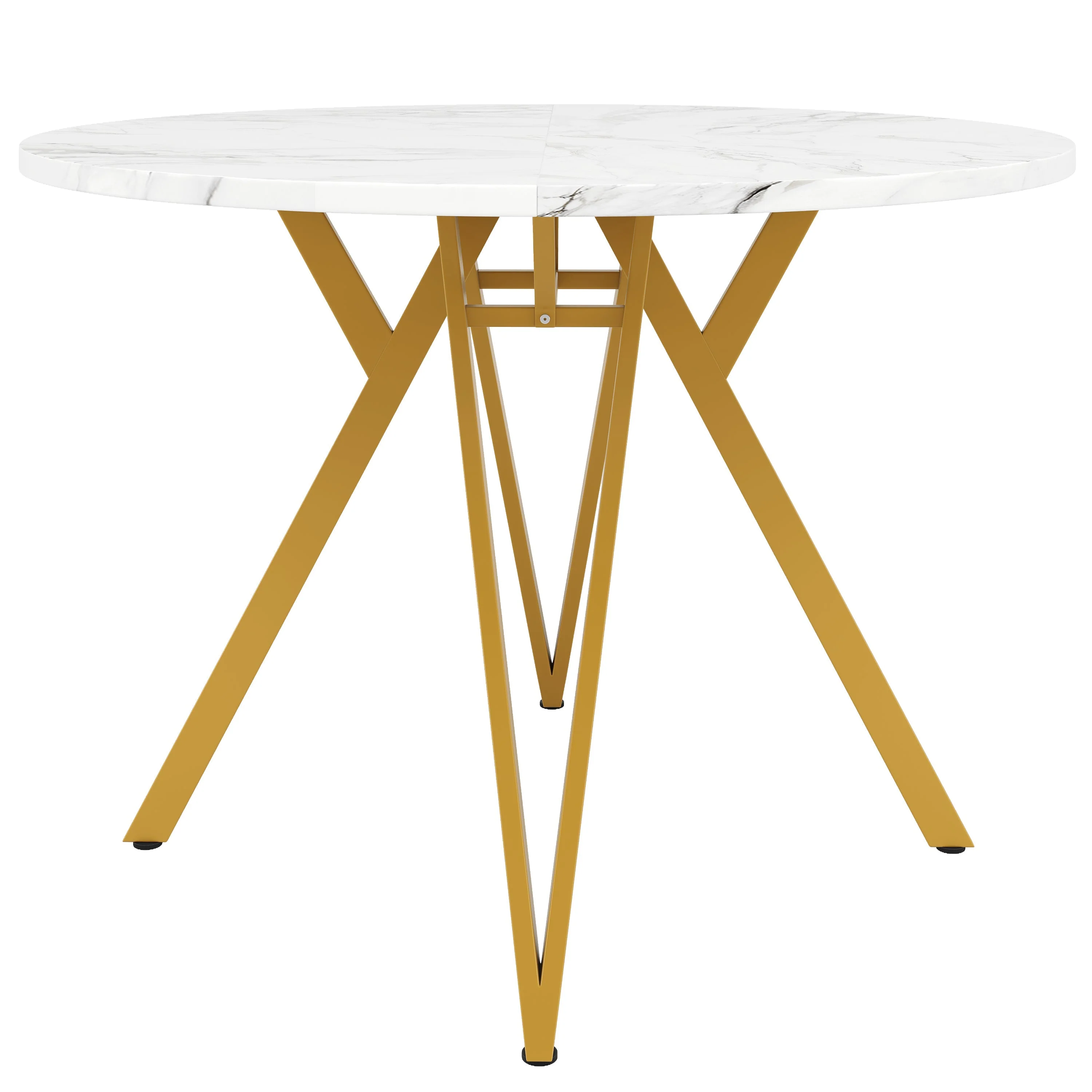 Round Dining Table 100cm 4-Seater Metal Legs MDF Marble Top - Gold - Image 5