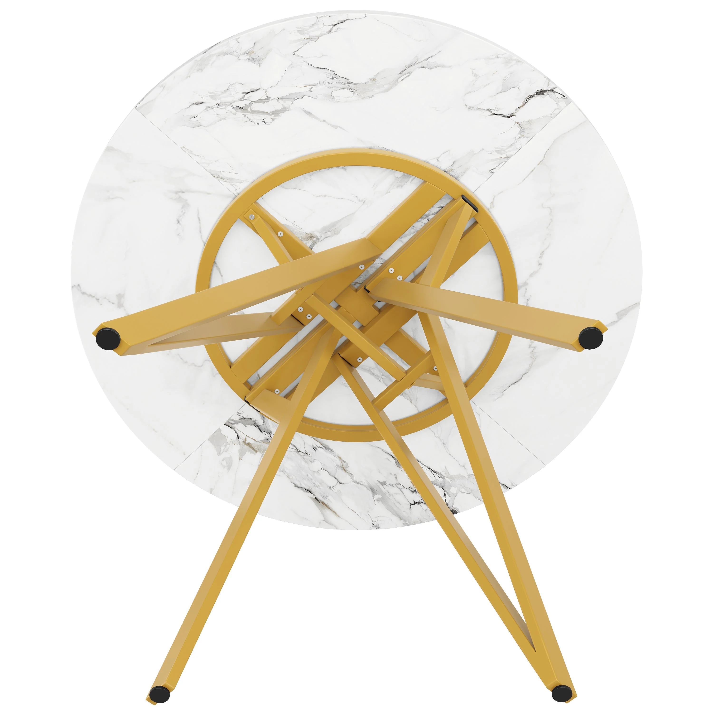 Round Dining Table 100cm 4-Seater Metal Legs MDF Marble Top - Gold - Image 9