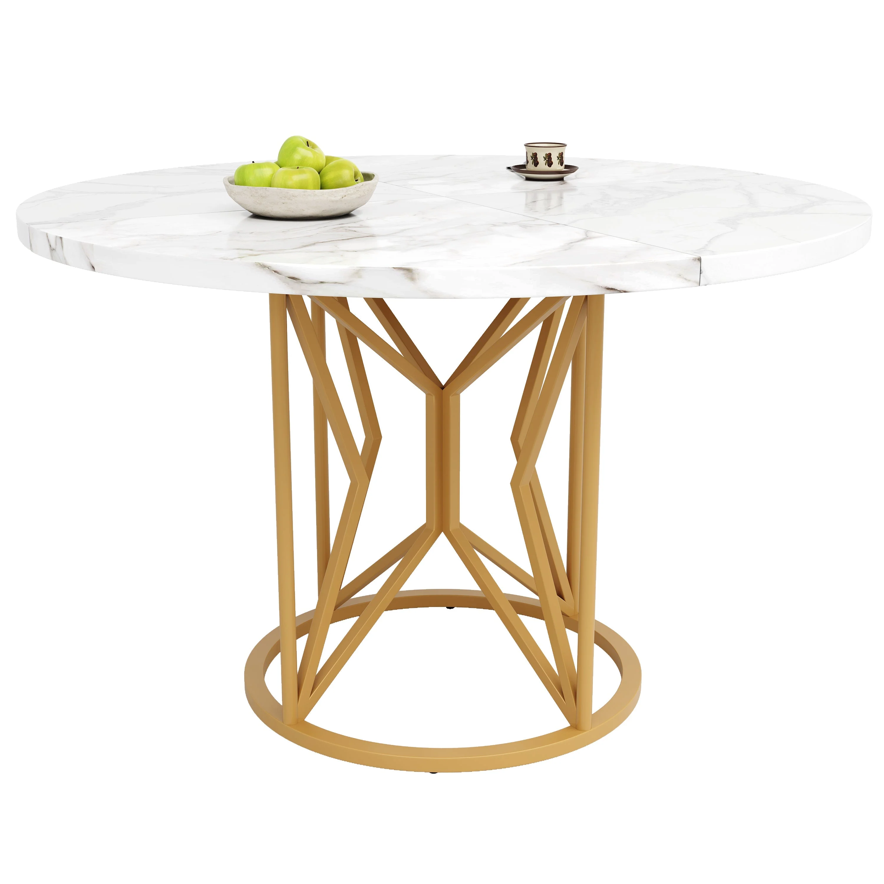 Round Dining Table 100cm Marbled MDF Geometric Metal Legs - Gold Accents - Image 2