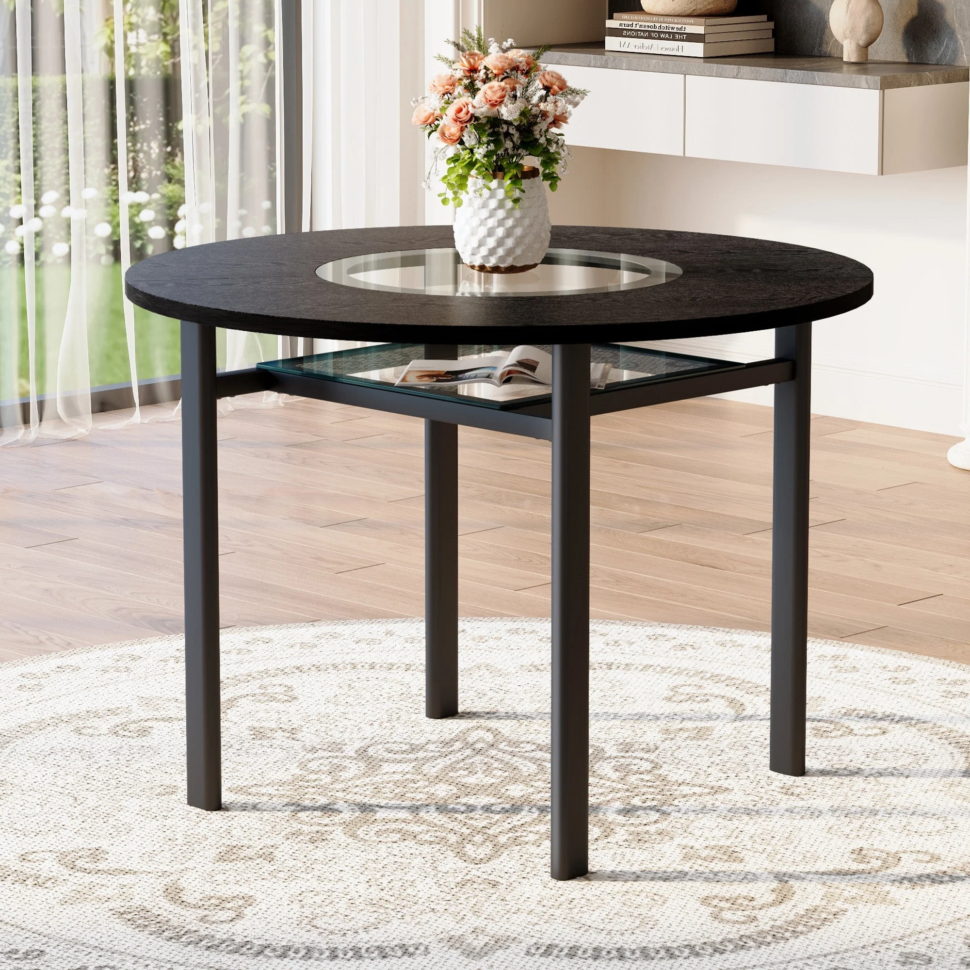 Round Dining Table 100cm Minimalist Black Wood Grain Grey Glass Insert Metal Frame - Image 2