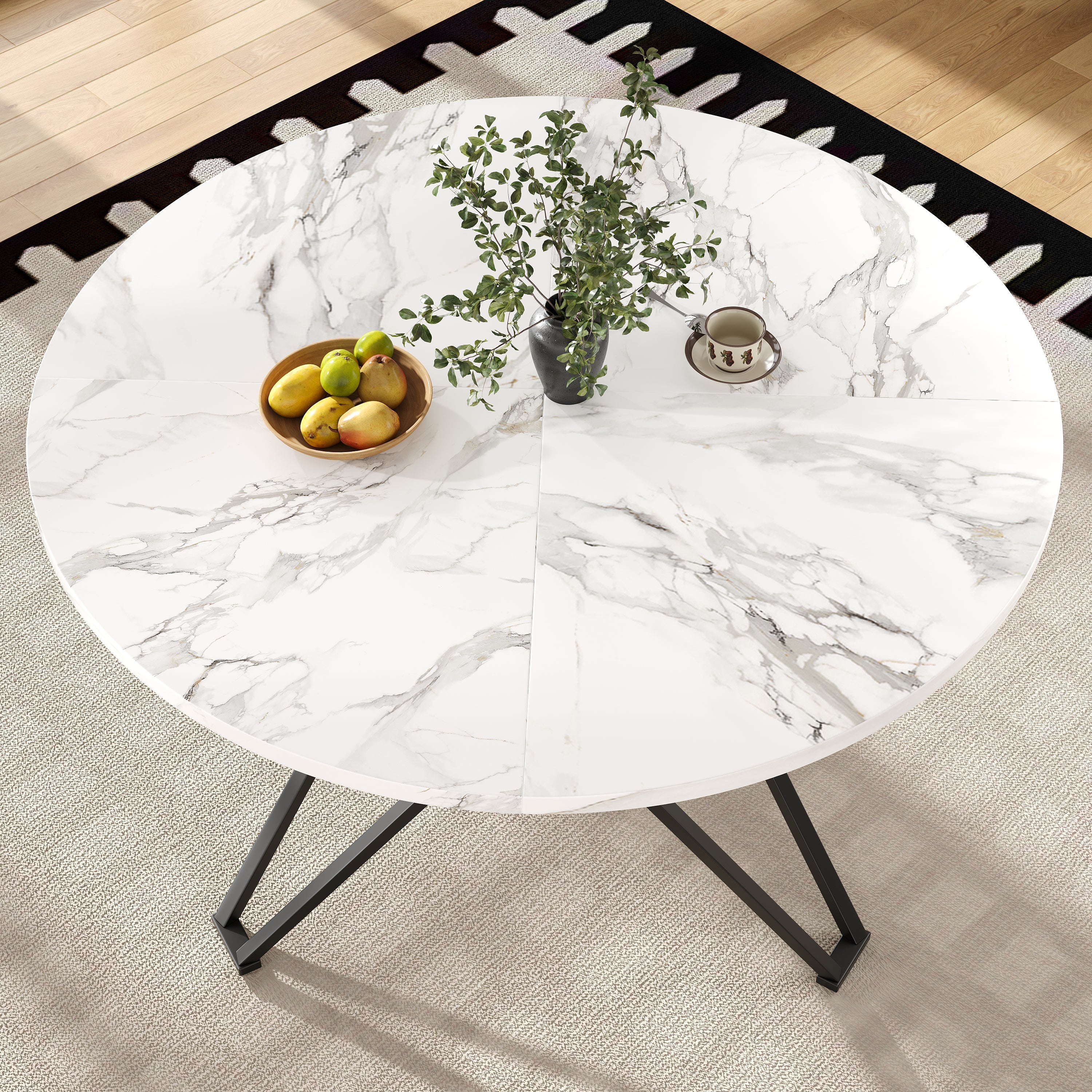 Round Dining Table, 100x100x76cm, 4-Person, MDF Marble, Black - Image 3