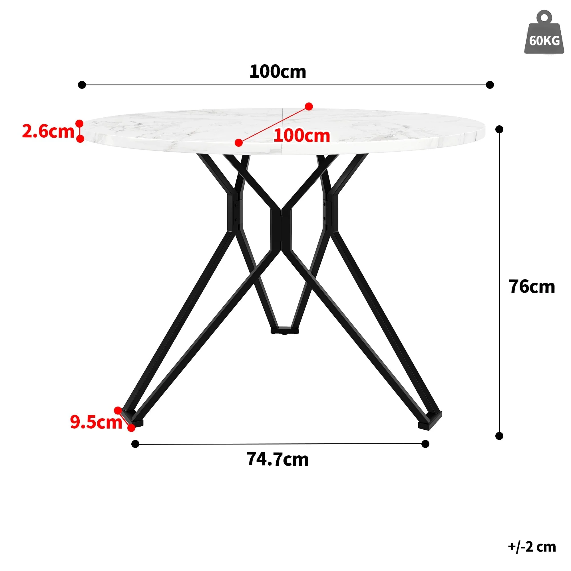 Round Dining Table, 100x100x76cm, 4-Person, MDF Marble, Black - Image 4