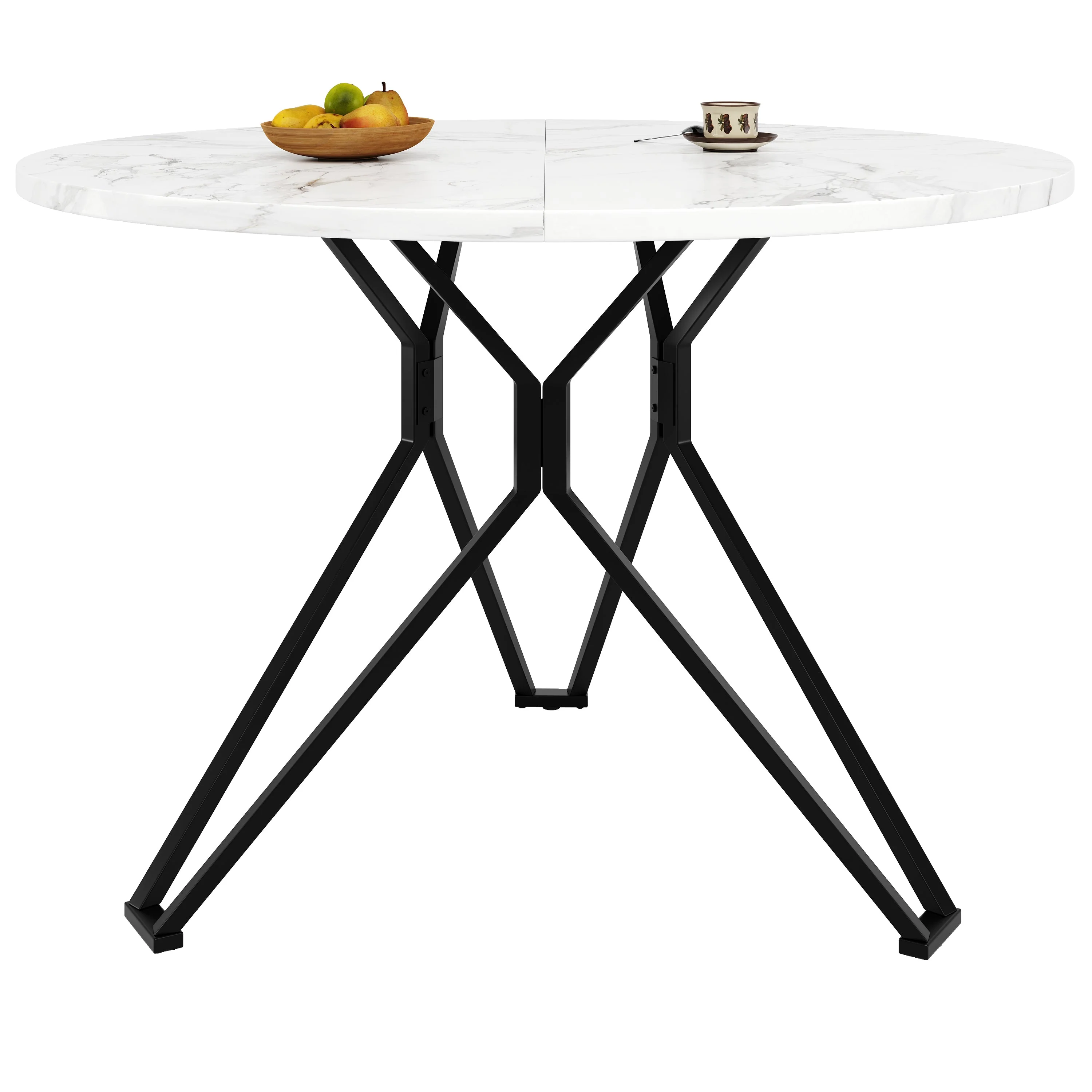 Round Dining Table, 100x100x76cm, 4-Person, MDF Marble, Black - Image 7