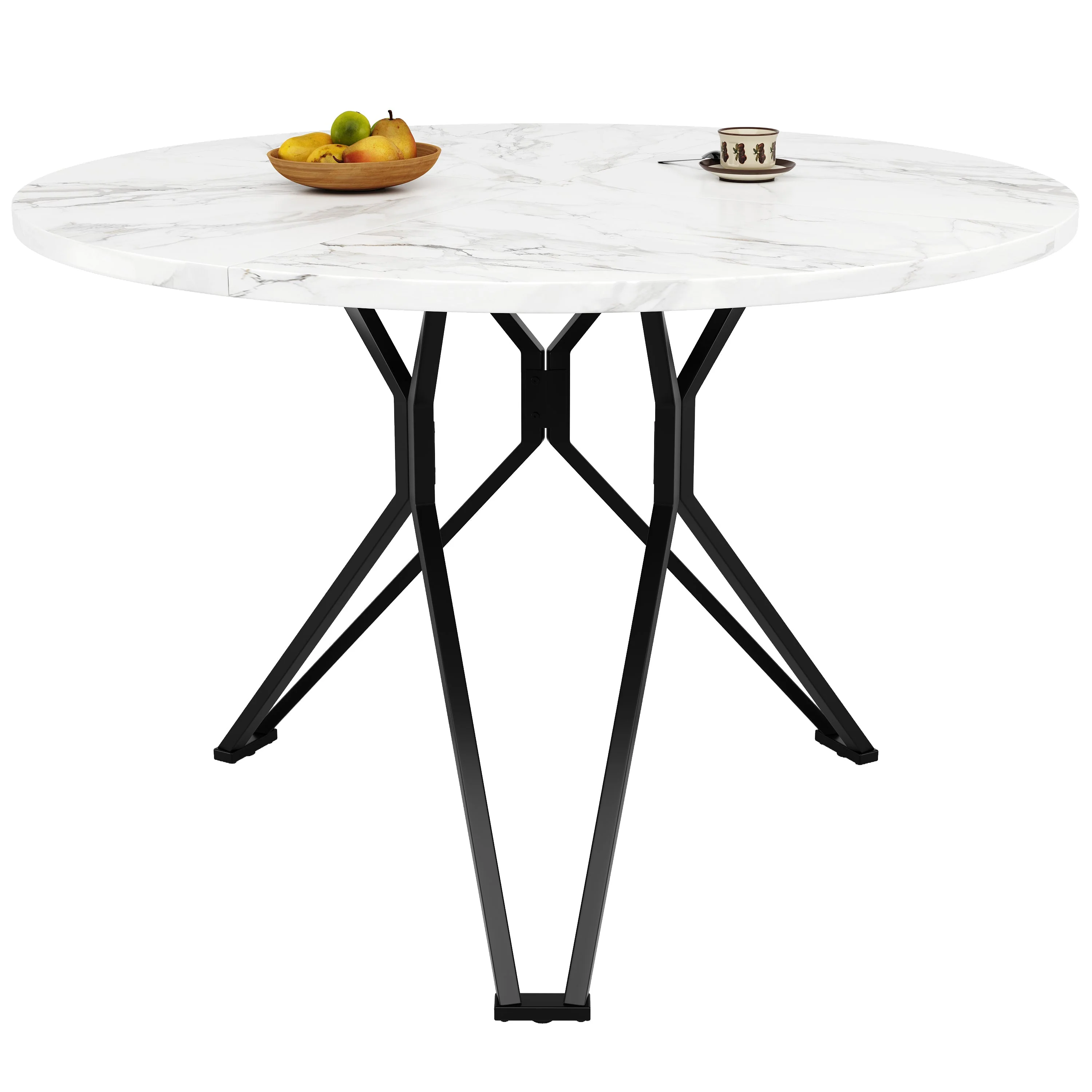Round Dining Table, 100x100x76cm, 4-Person, MDF Marble, Black - Image 8