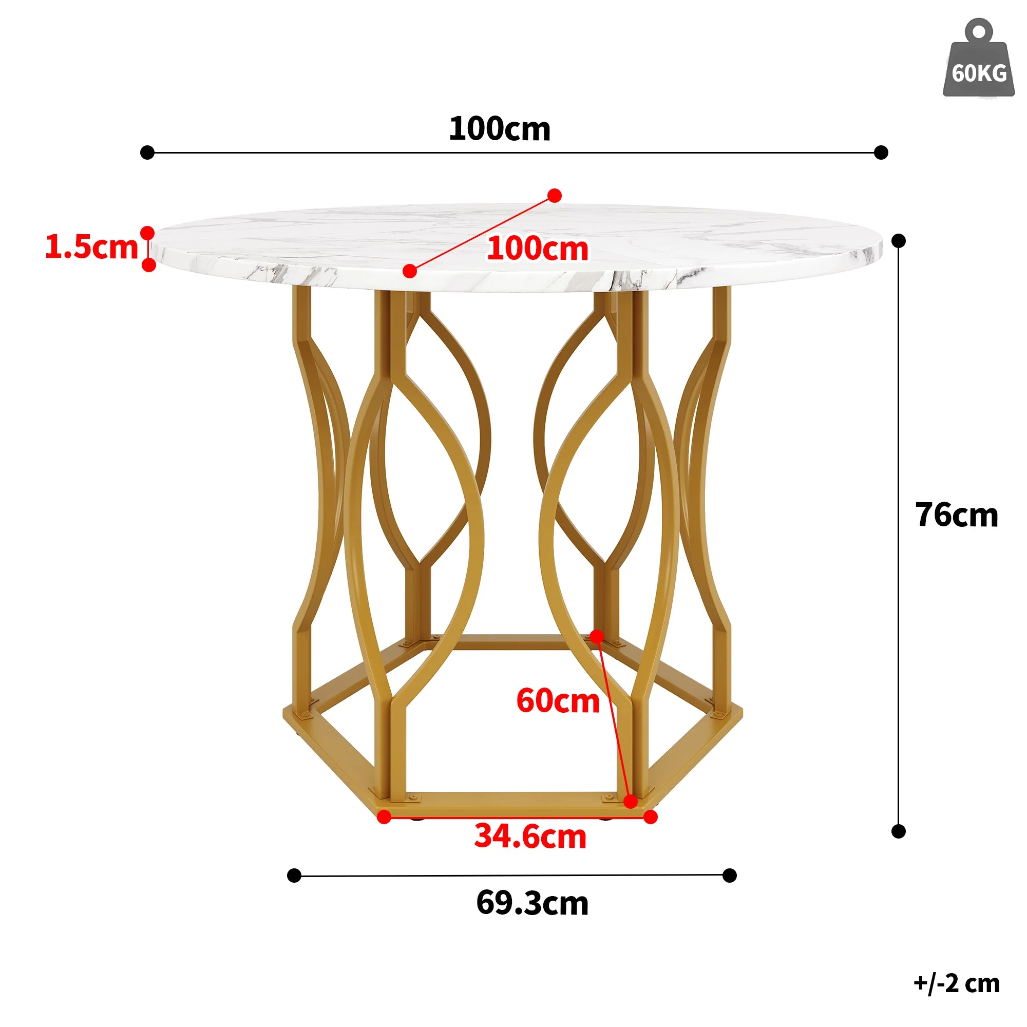 Round Dining Table (100x100x76cm), 4-Seater, Metal Legs, MDF Marbled Tabletop, Golden Legs - Image 3