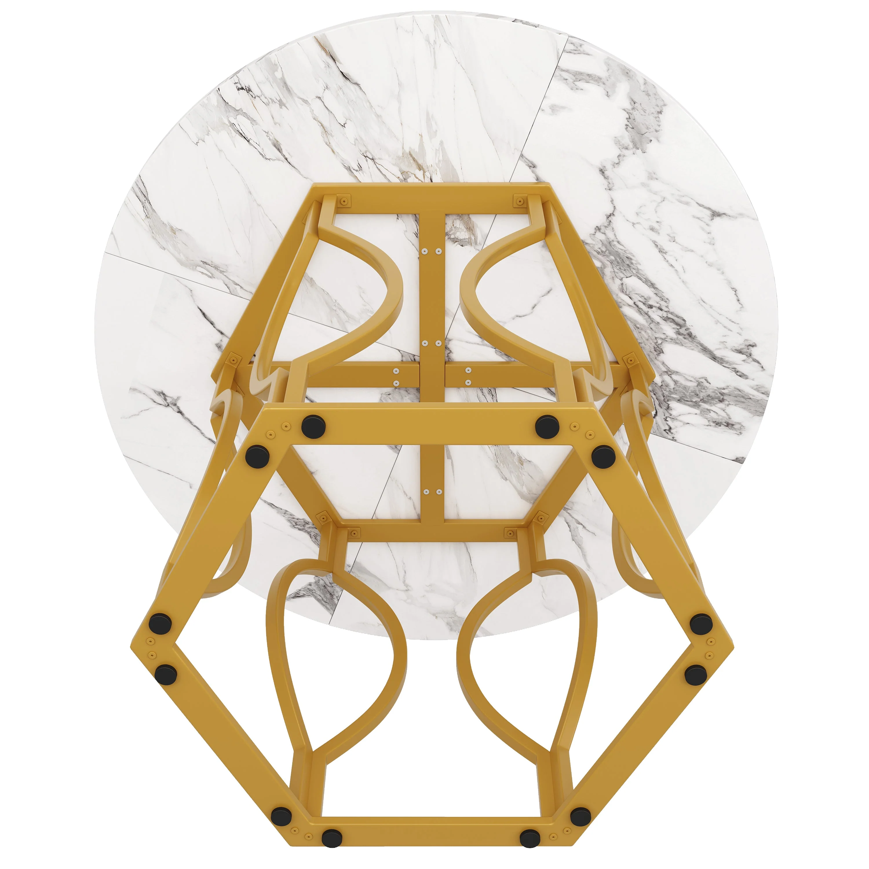 Round Dining Table (100x100x76cm), 4-Seater, Metal Legs, MDF Marbled Tabletop, Golden Legs - Image 8