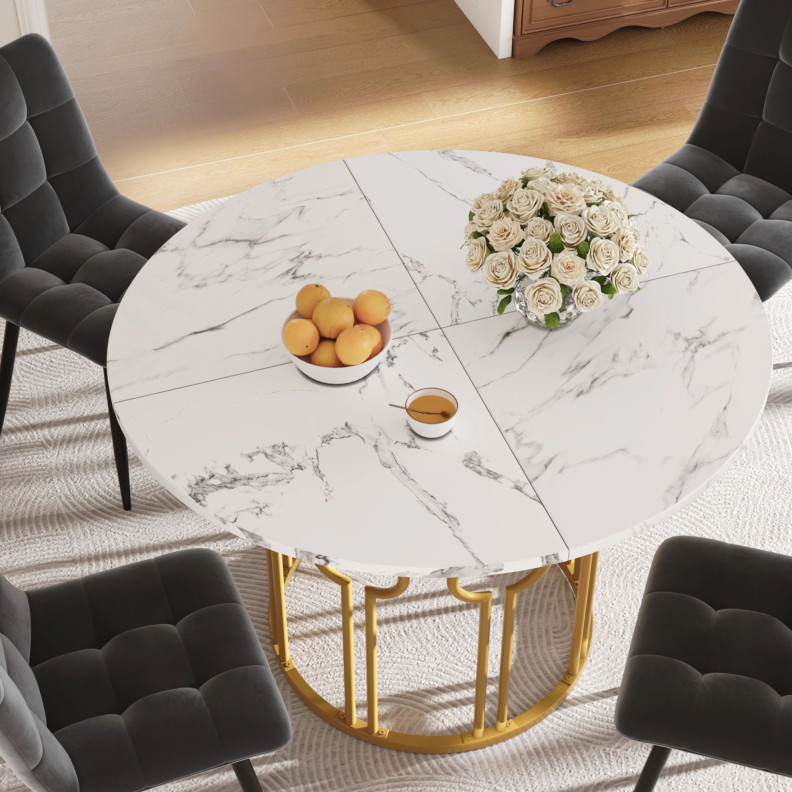 Round Dining Table, 100x100x76cm, Coffee Table for 4, MDF Marbled Top, Golden Metal Legs - Image 3