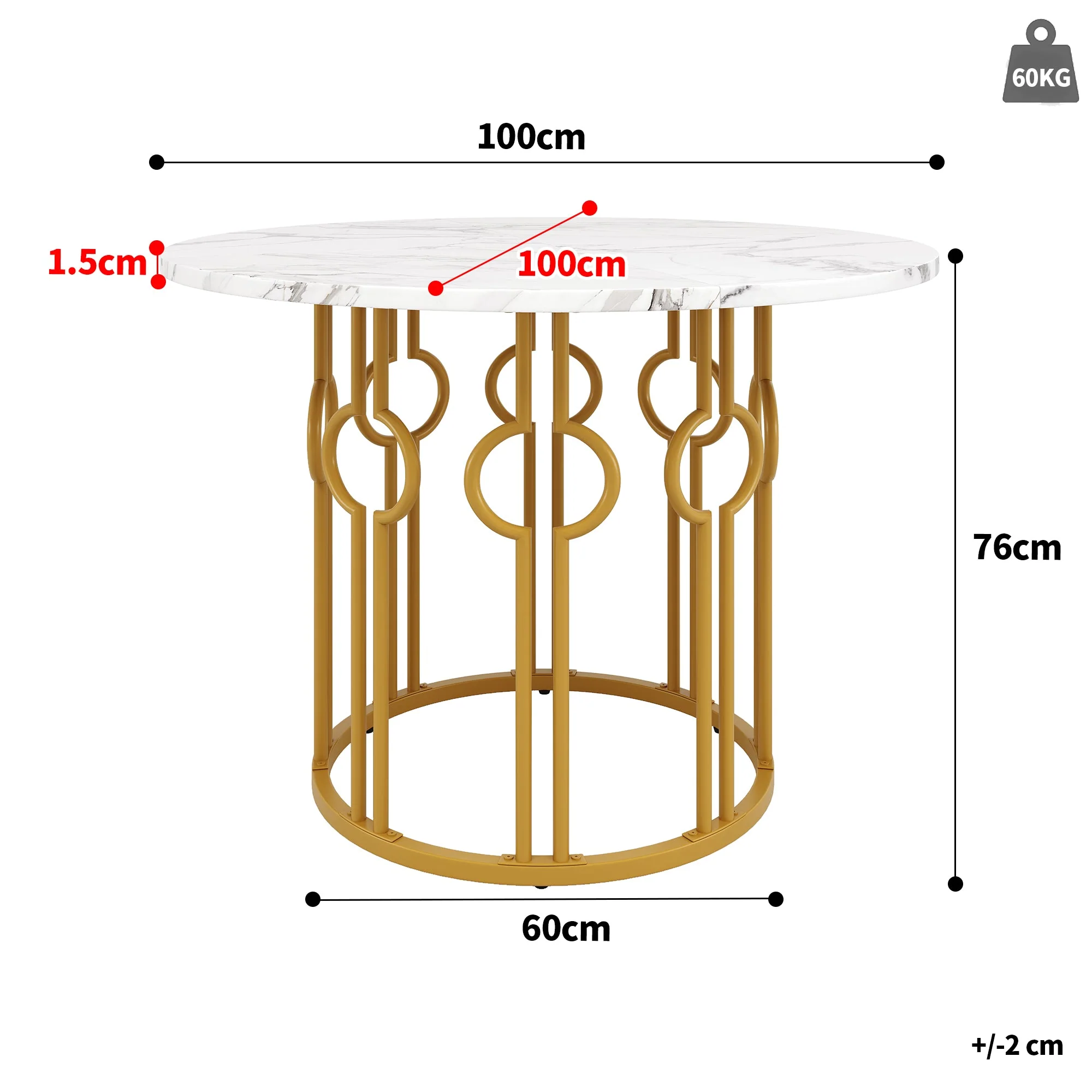 Round Dining Table, 100x100x76cm, Coffee Table for 4, MDF Marbled Top, Golden Metal Legs - Image 4