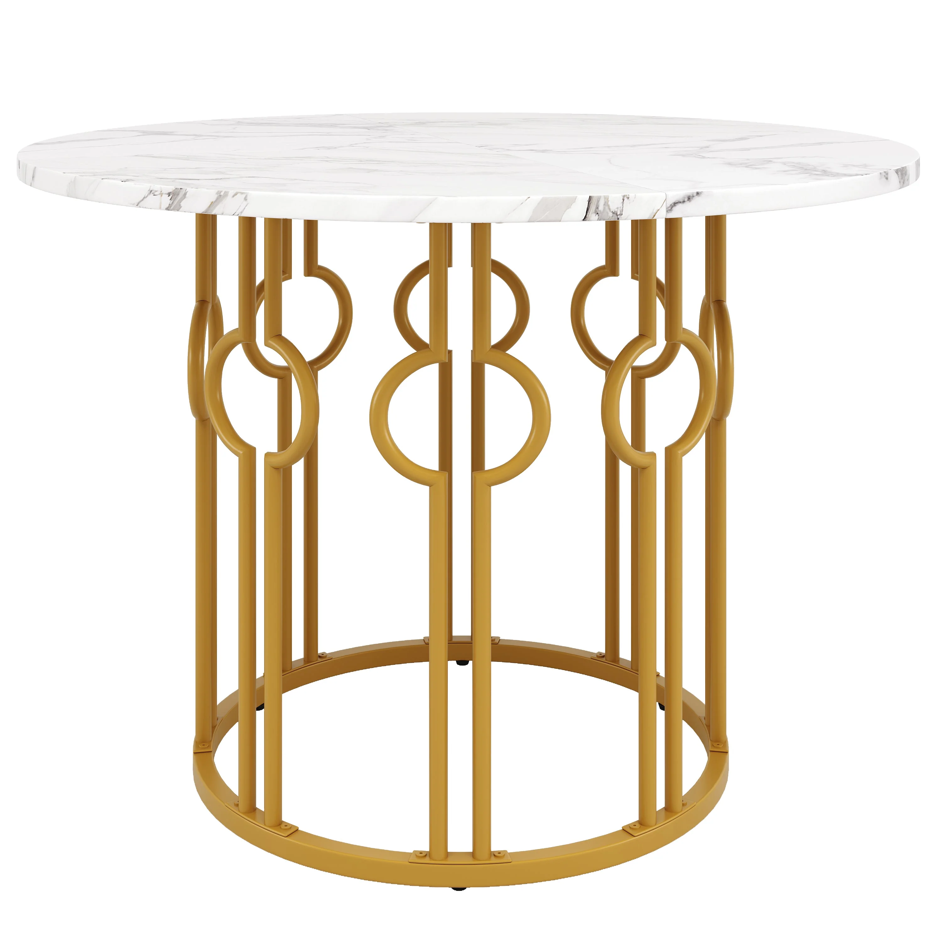 Round Dining Table, 100x100x76cm, Coffee Table for 4, MDF Marbled Top, Golden Metal Legs - Image 6