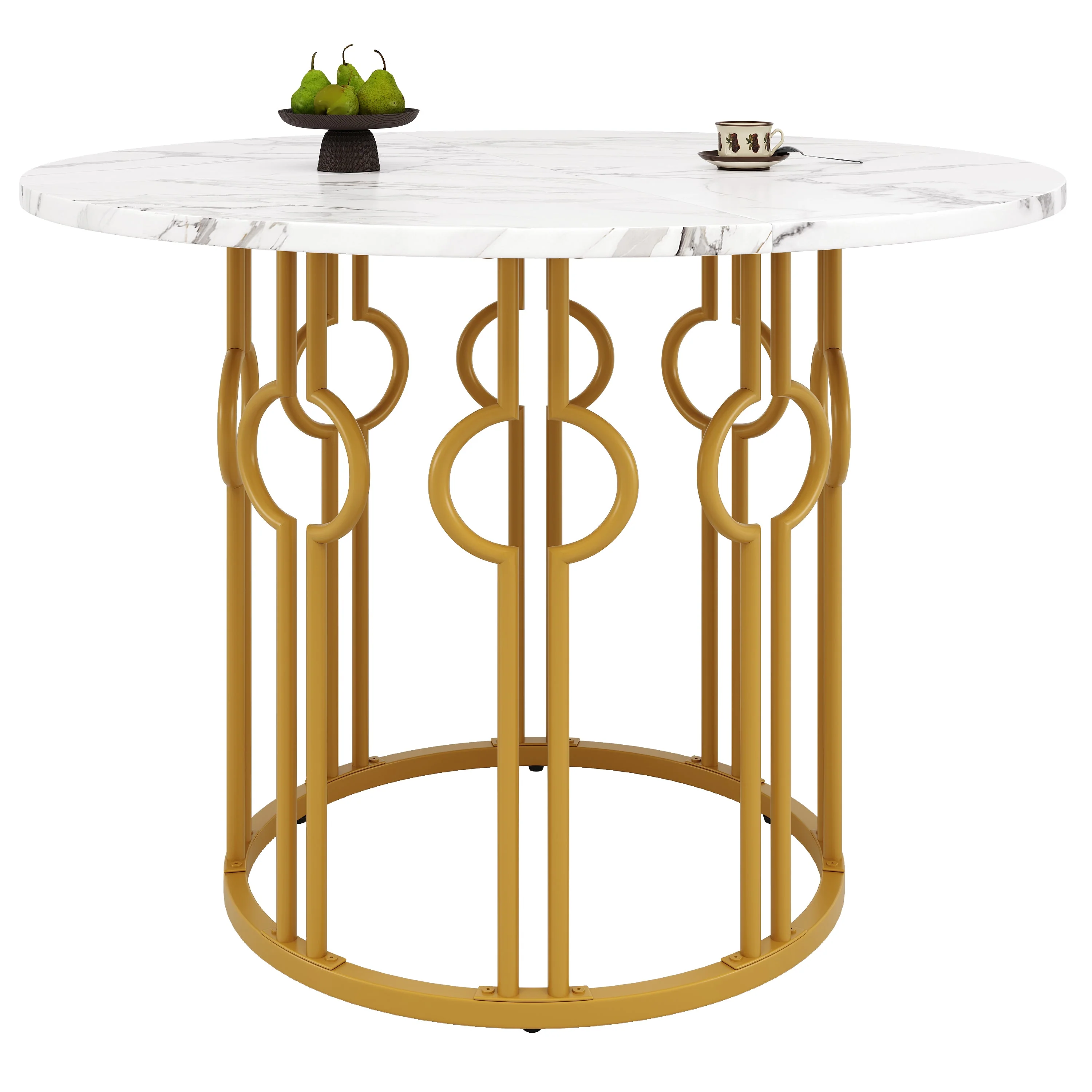 Round Dining Table, 100x100x76cm, Coffee Table for 4, MDF Marbled Top, Golden Metal Legs - Image 8