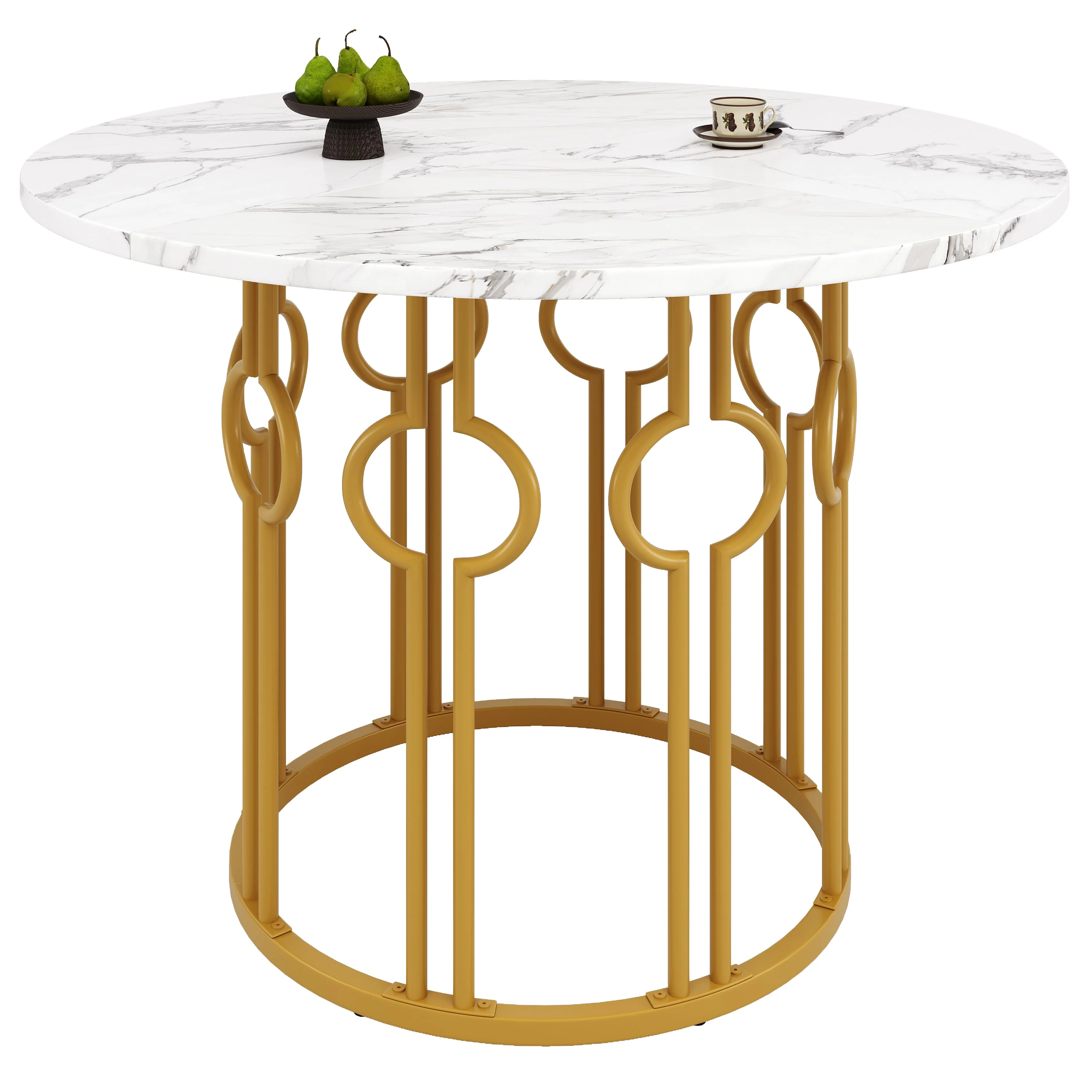 Round Dining Table, 100x100x76cm, Coffee Table for 4, MDF Marbled Top, Golden Metal Legs - Image 9