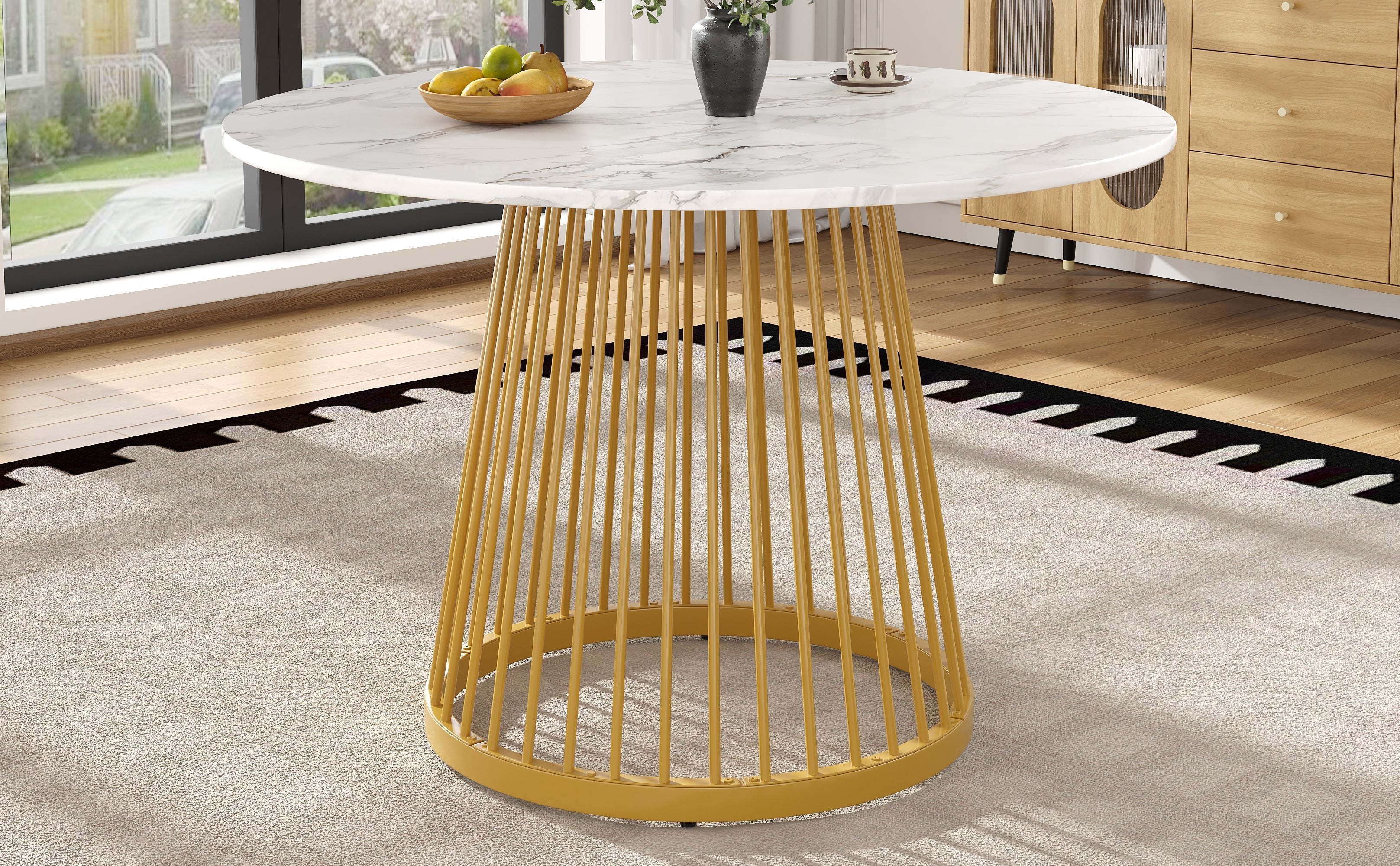 Round Dining Table 80cm 4-Person MDF Marbled Top Gold Legs - Image 2