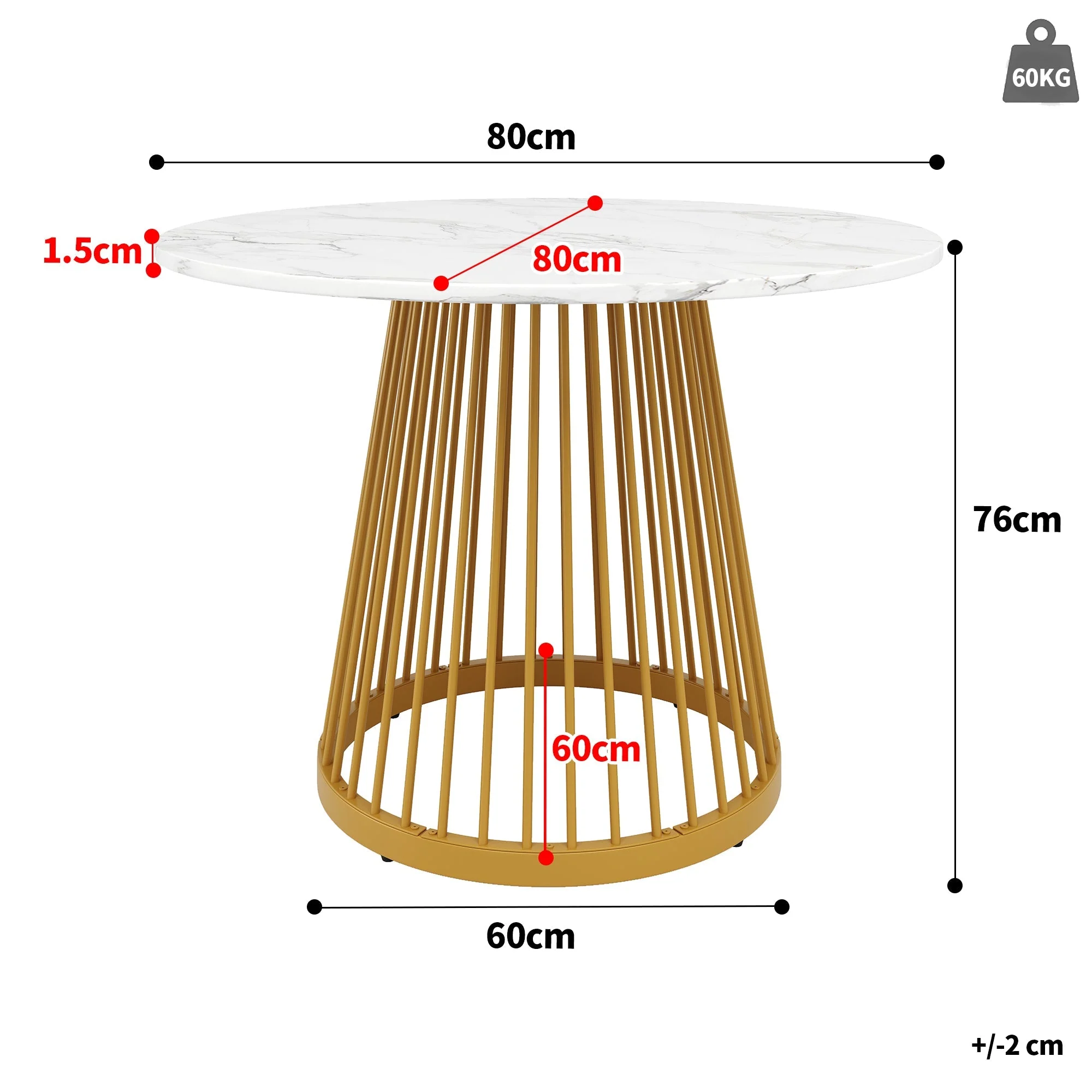 Round Dining Table 80cm 4-Person MDF Marbled Top Gold Legs - Image 4