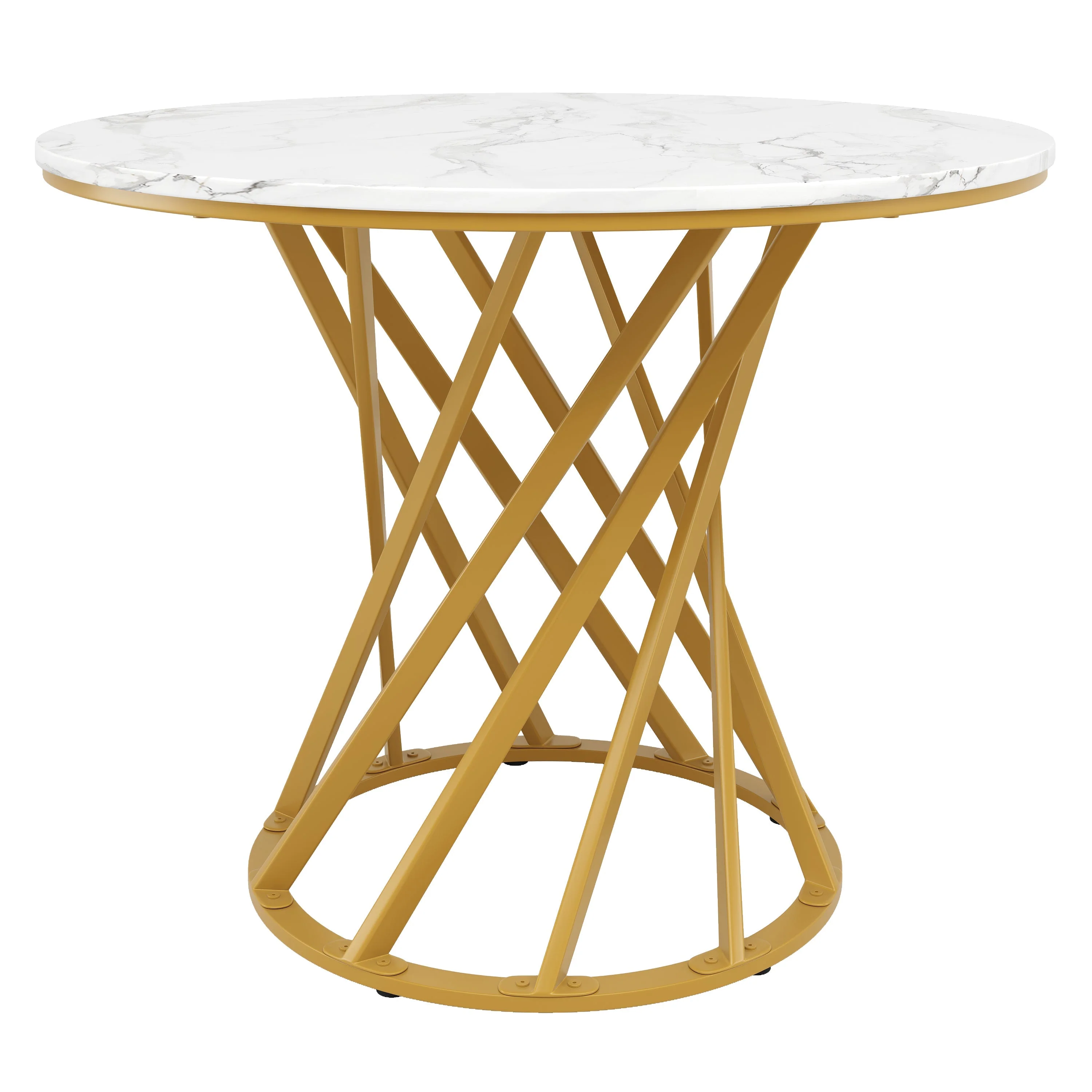 Round Dining Table 80cm for 4 Marbled MDF Top Metal Legs Gold - Image 2