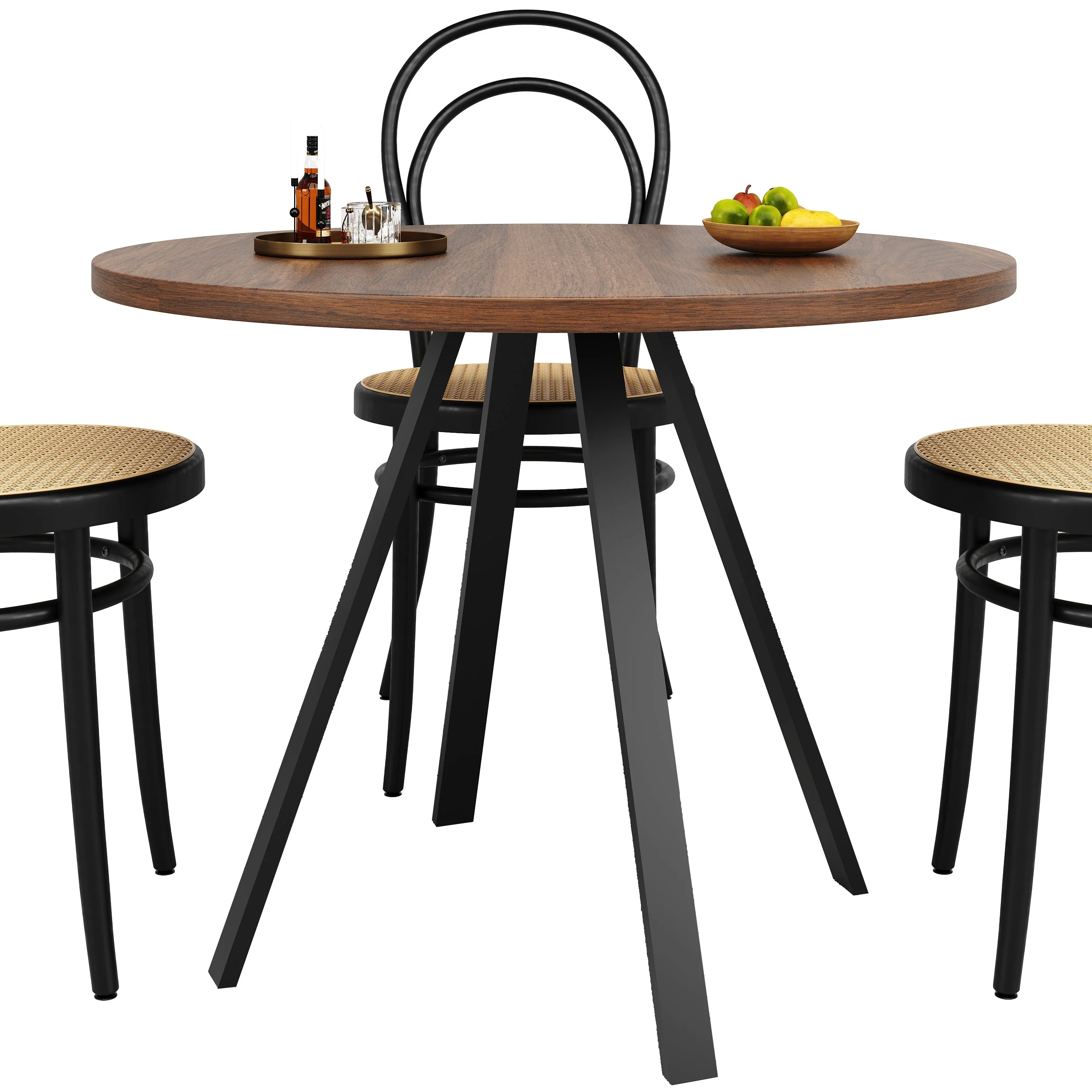 Round Dining Table 80cm Kitchen Coffee Table for 4 Metal Legs Walnut & Black - Image 8