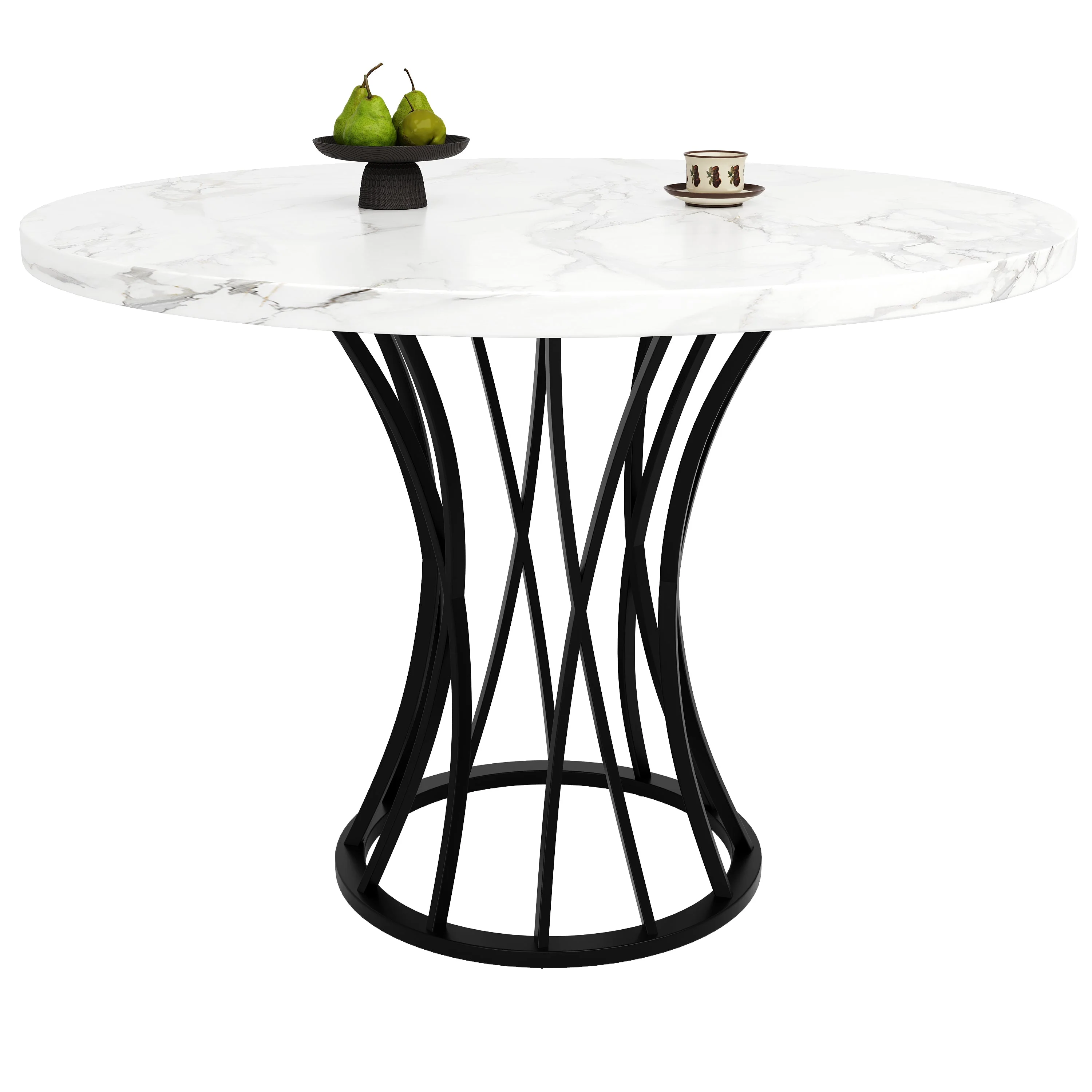 Round Dining Table 80x80cm Marbled Top 4-6 Seater - Black Legs - Image 8