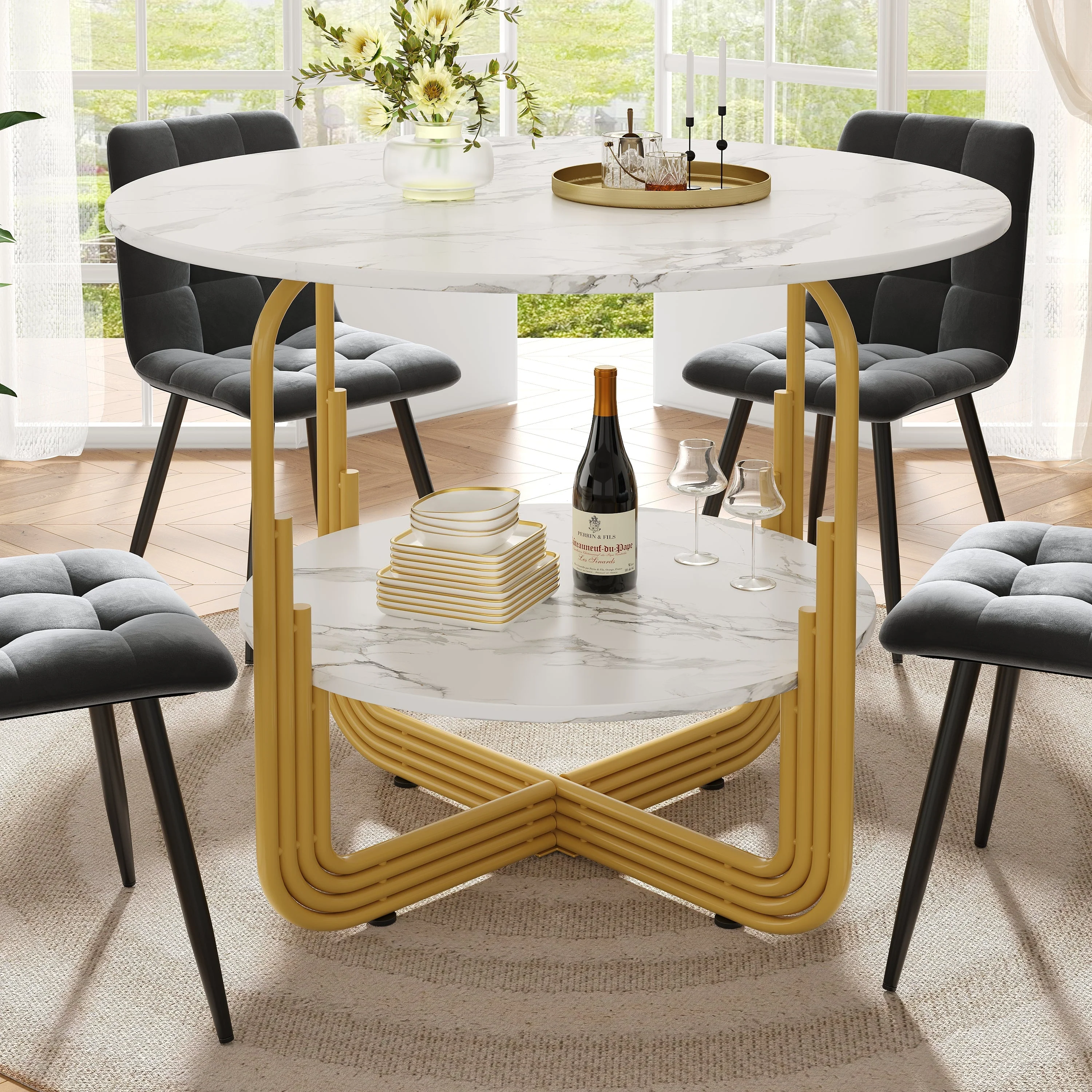 Round Dining Table 80x80x76cm 4-Person Storage Shelf MDF Marble Top