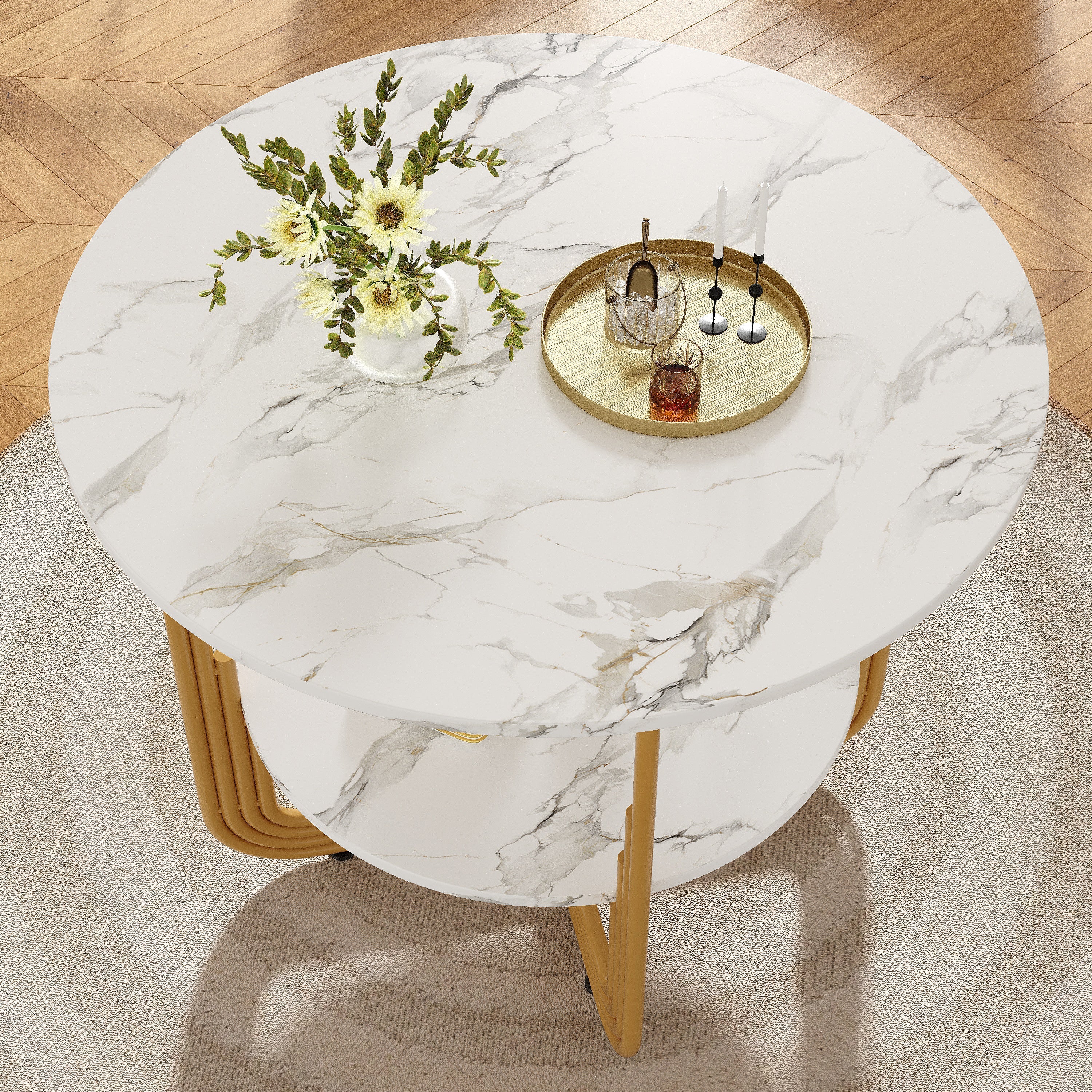 Round Dining Table 80x80x76cm 4-Person Storage Shelf MDF Marble Top - Image 5