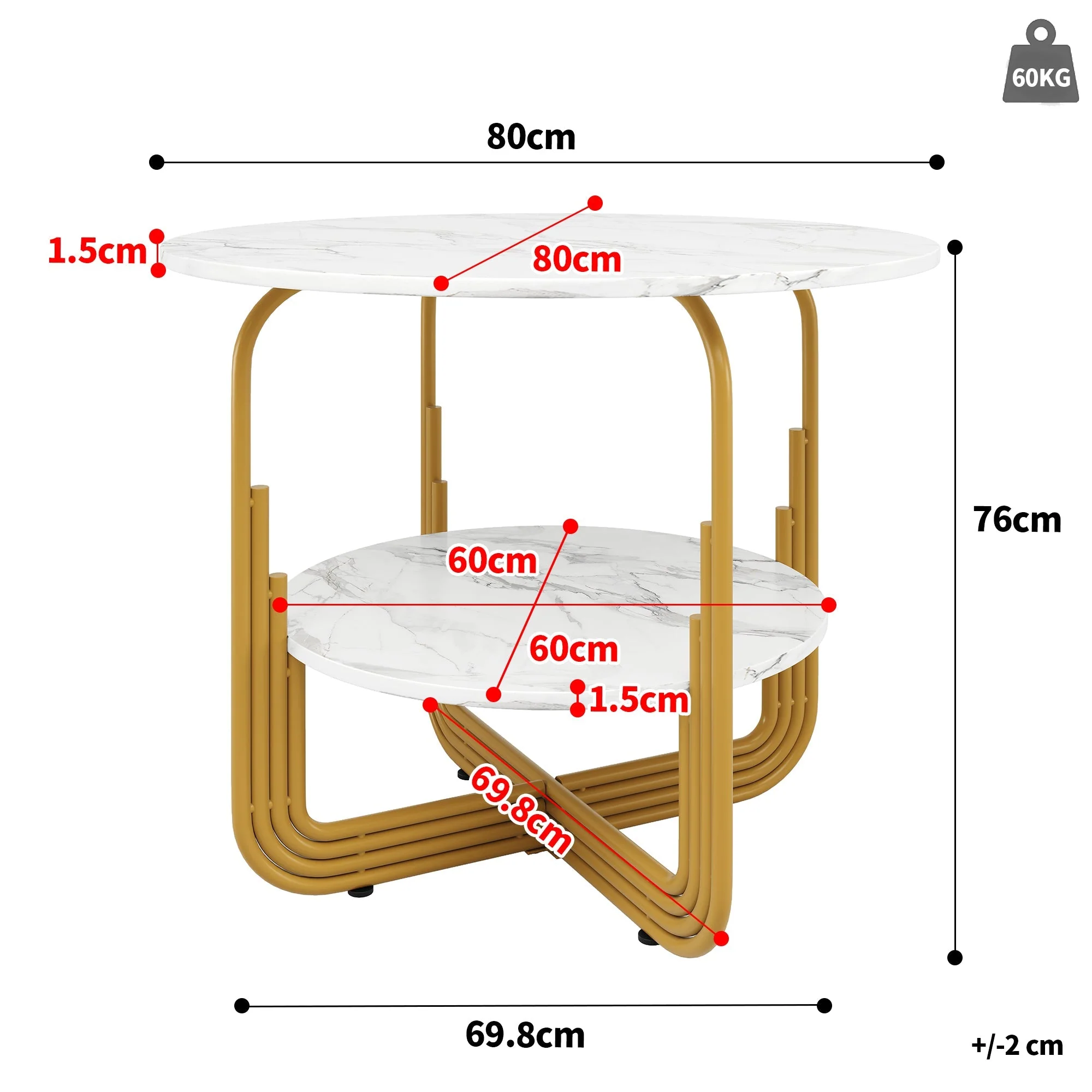 Round Dining Table 80x80x76cm 4-Person Storage Shelf MDF Marble Top - Image 6