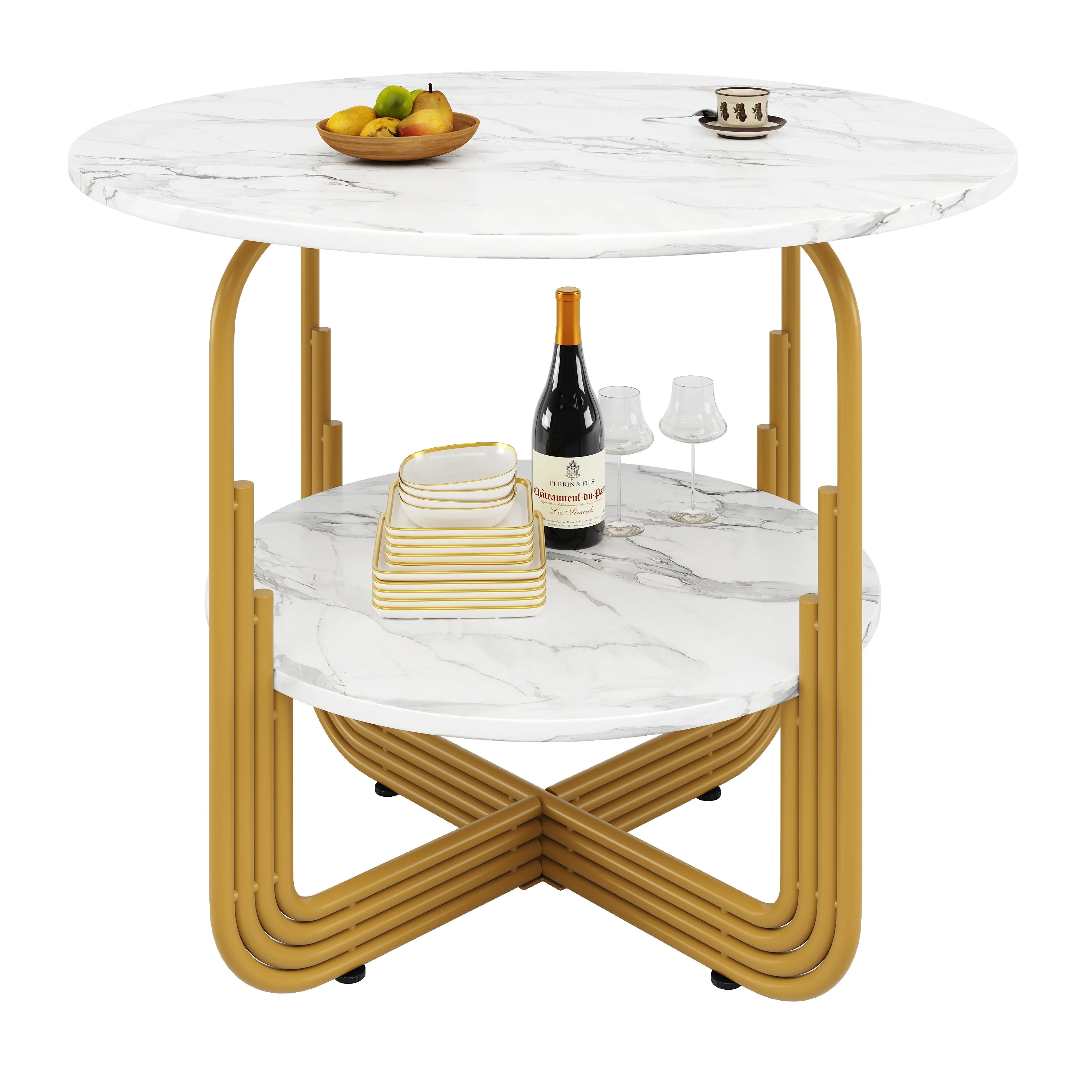 Round Dining Table 80x80x76cm 4-Person Storage Shelf MDF Marble Top - Image 8