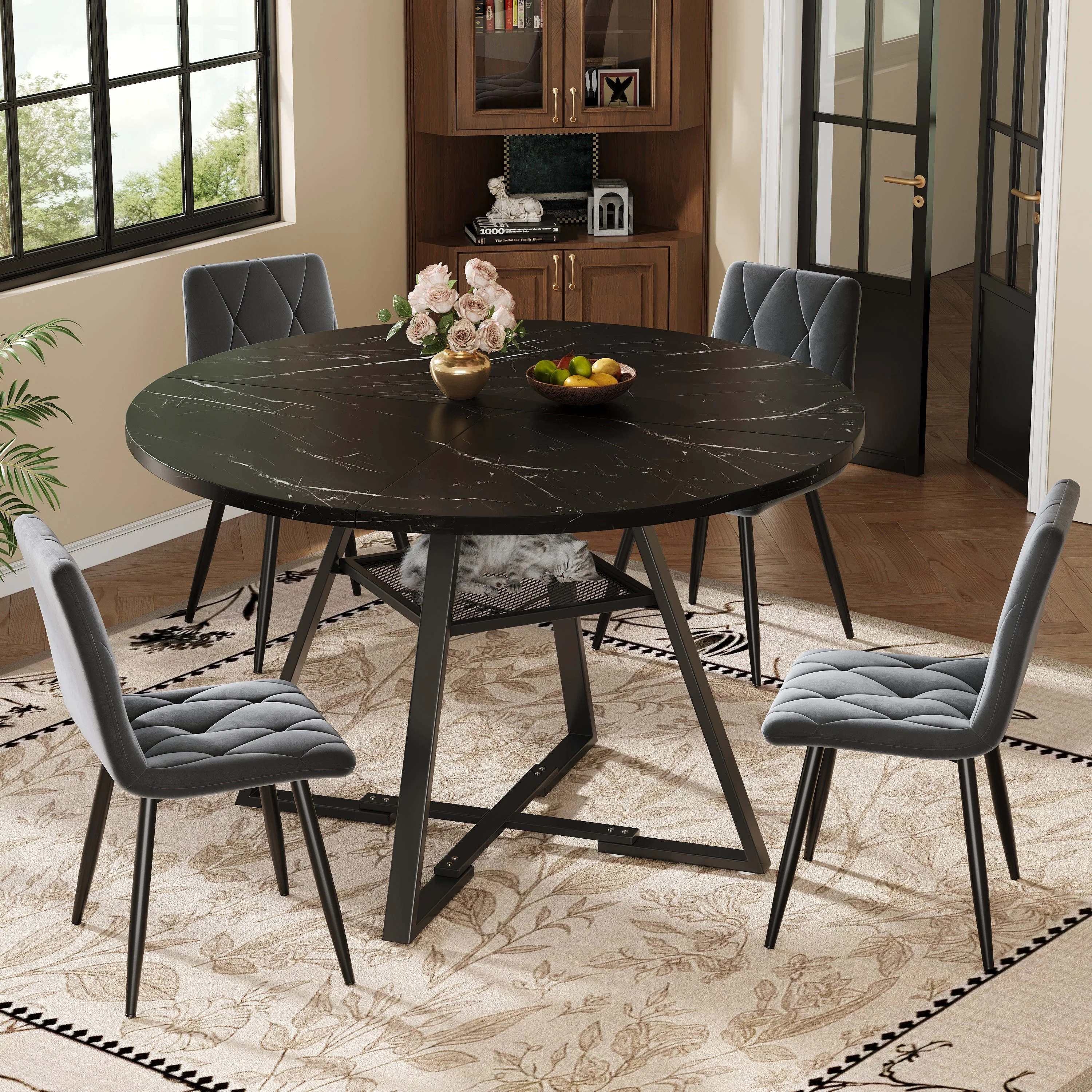 Round Dining Table, Kitchen Breakfast Table Metal Legs, Marble Look Black/White