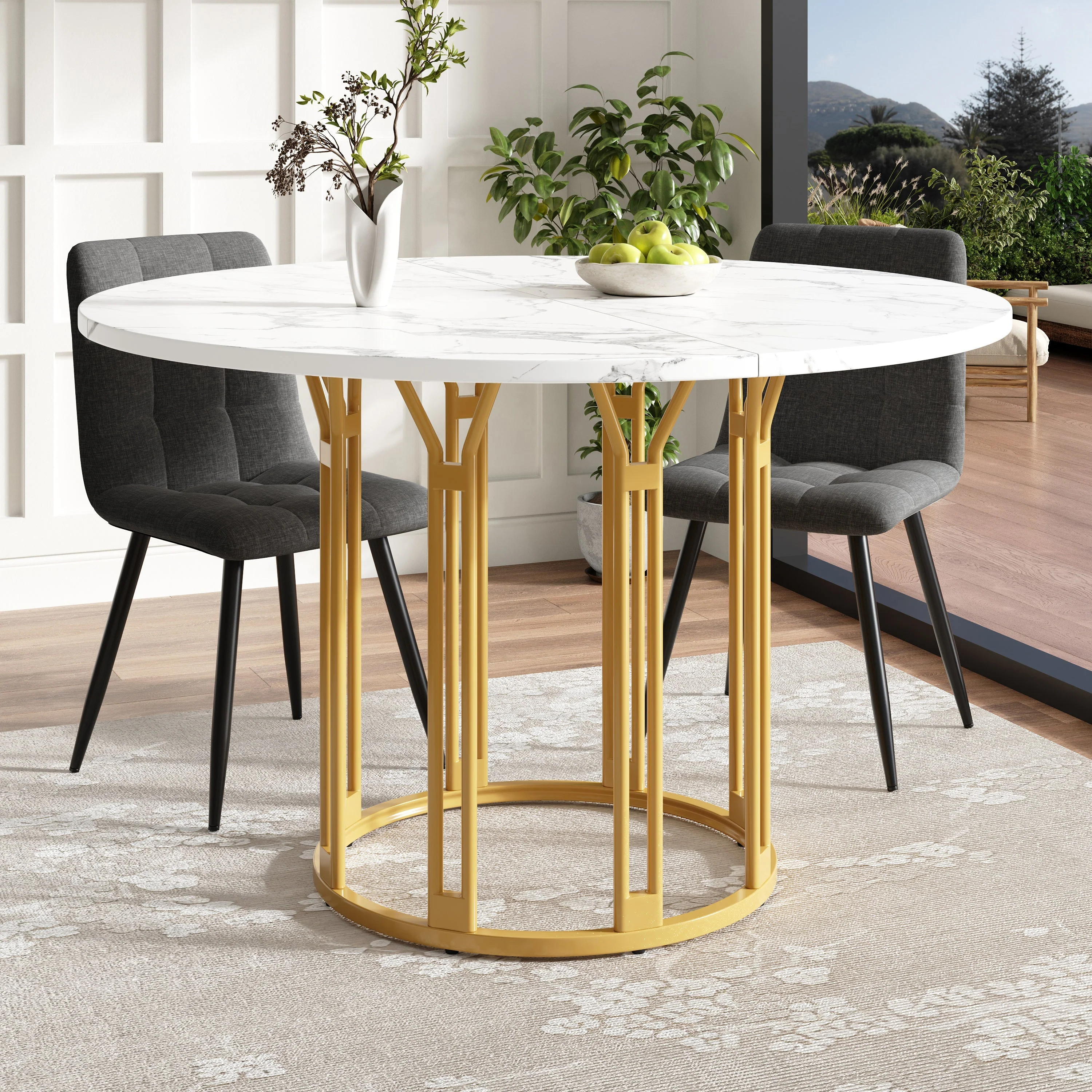 Round Dining Table Kitchen Breakfast Table Metal Legs Marble Pattern Gold/Black