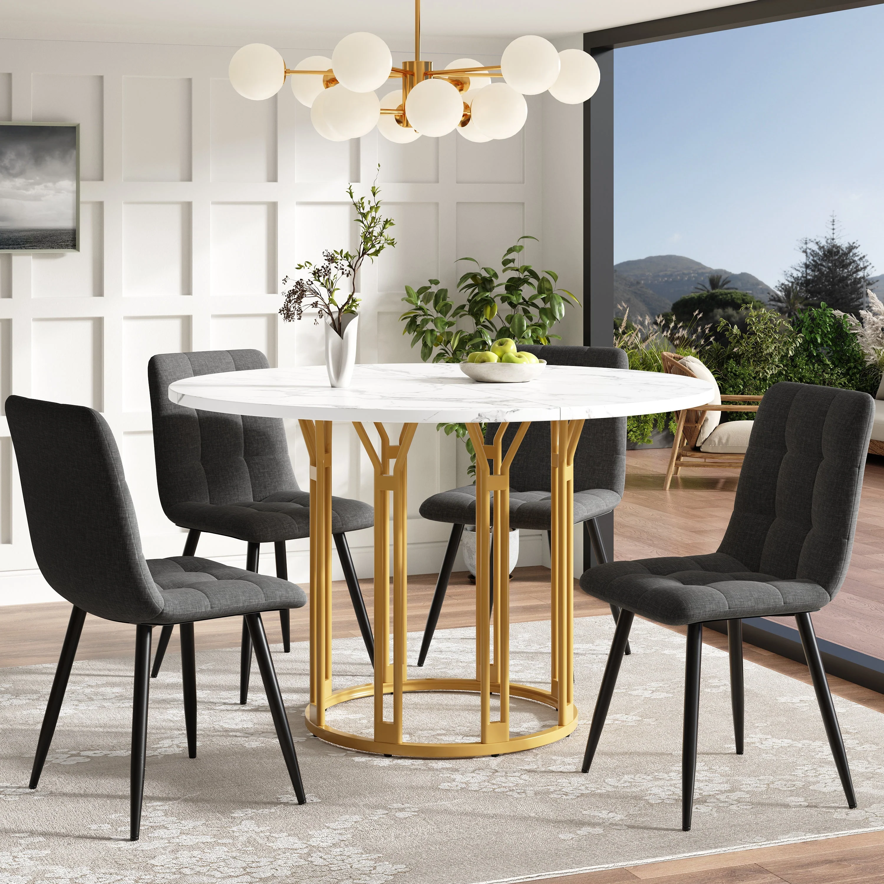 Round Dining Table Kitchen Breakfast Table Metal Legs Marble Pattern Gold/Black - Image 2