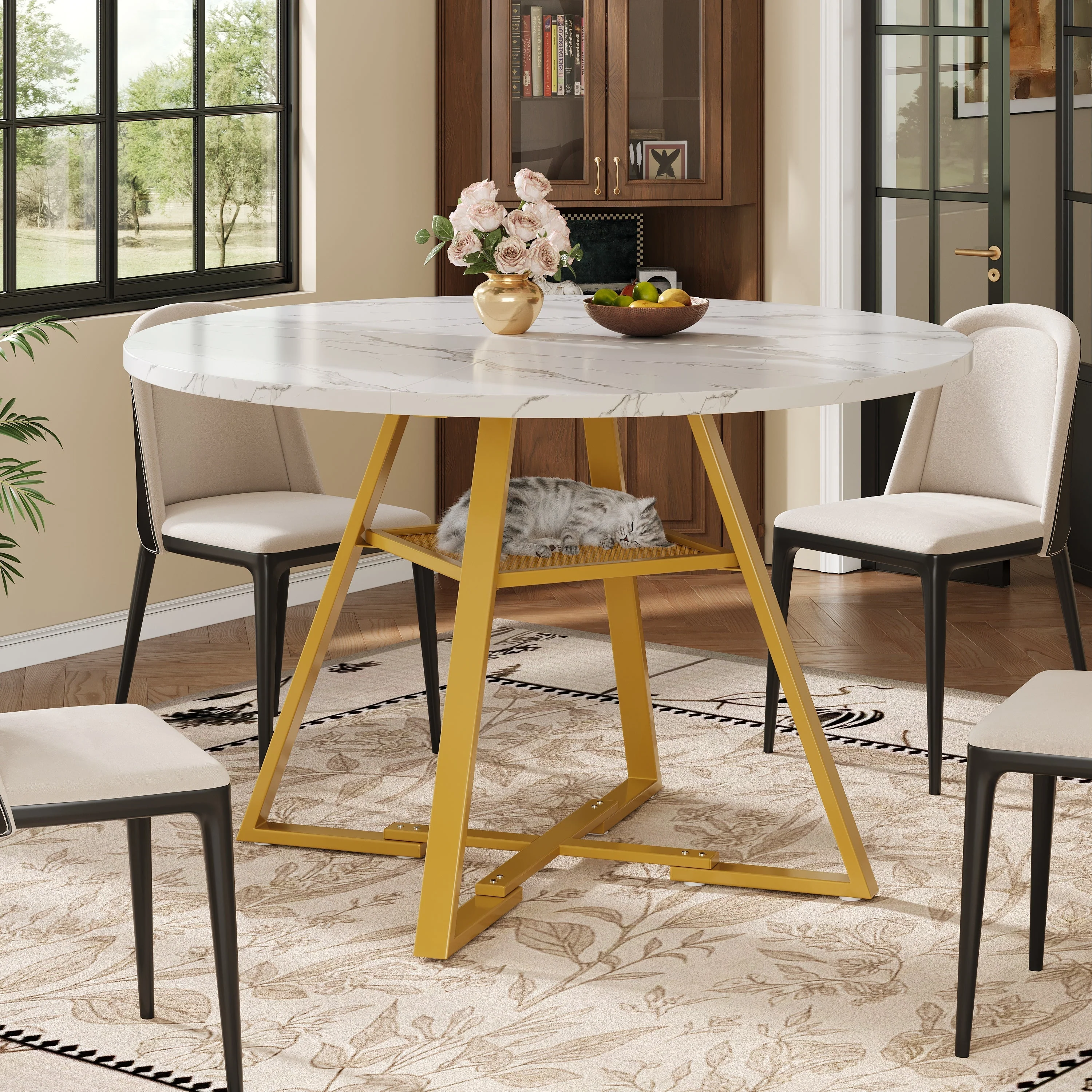 Round Dining Table Metal Legs Marble Look - Black/White - Image 11