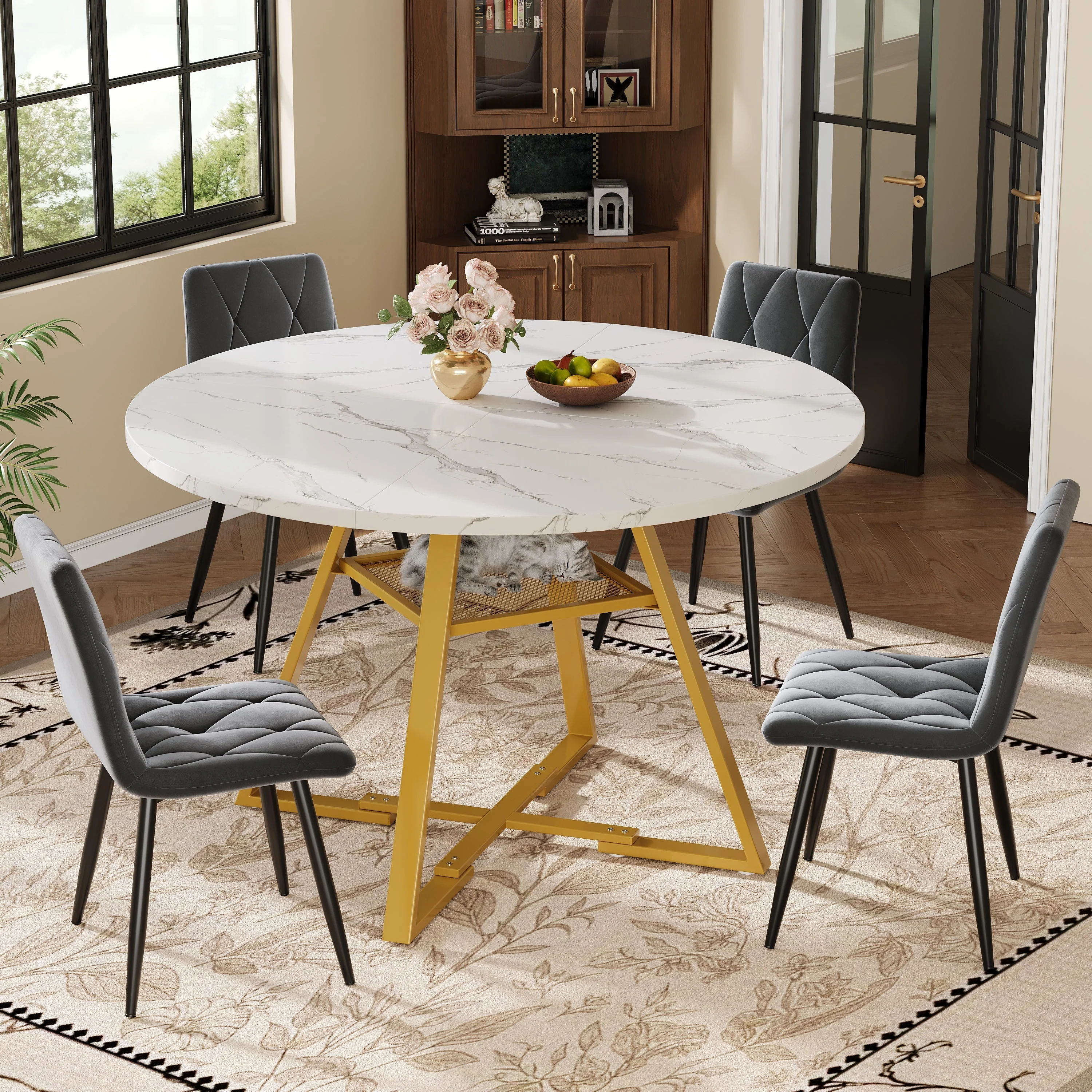 Round Dining Table Metal Legs Marble Look - Black/White - Image 12