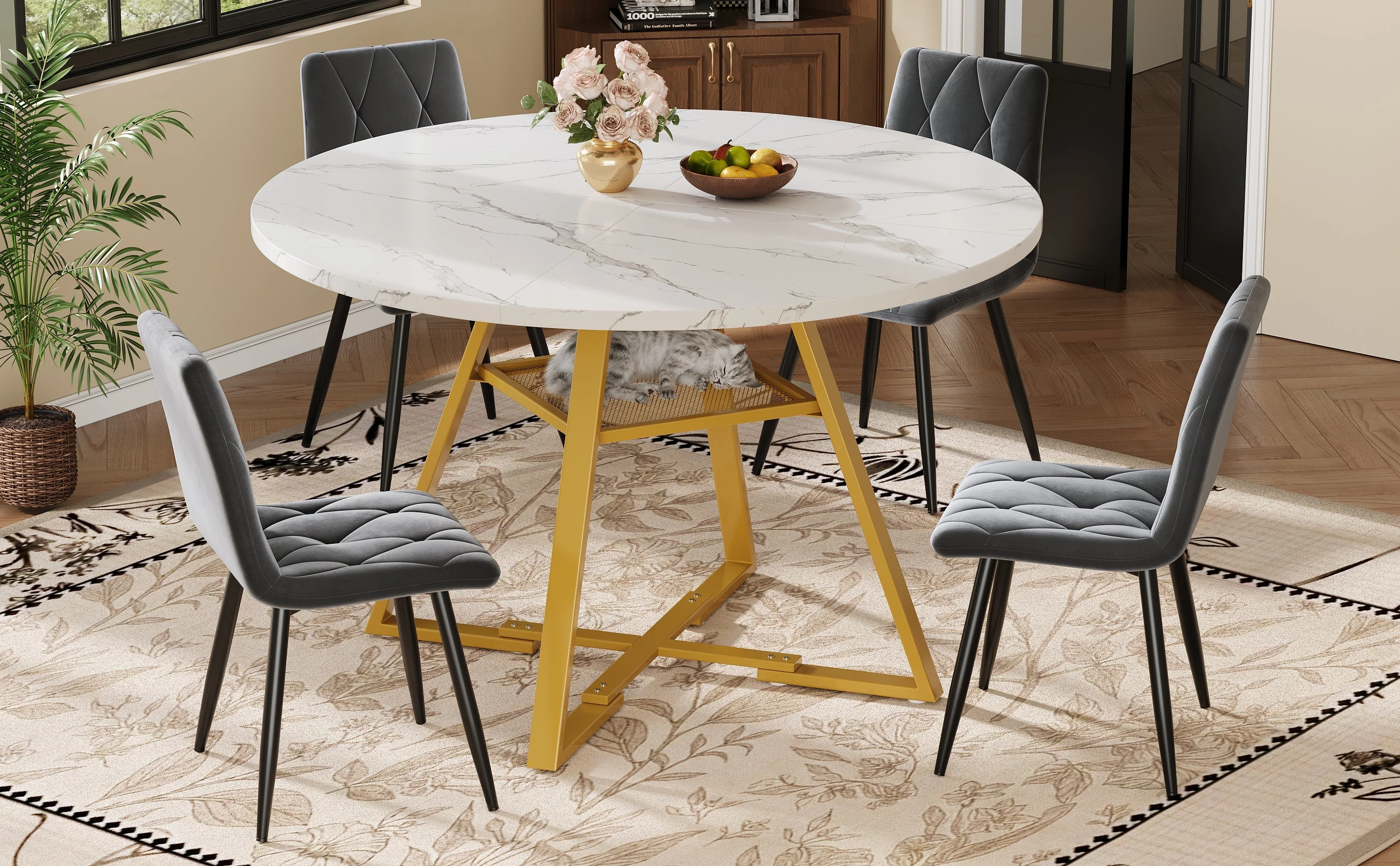 Round Dining Table Metal Legs Marble Look - Black/White - Image 13