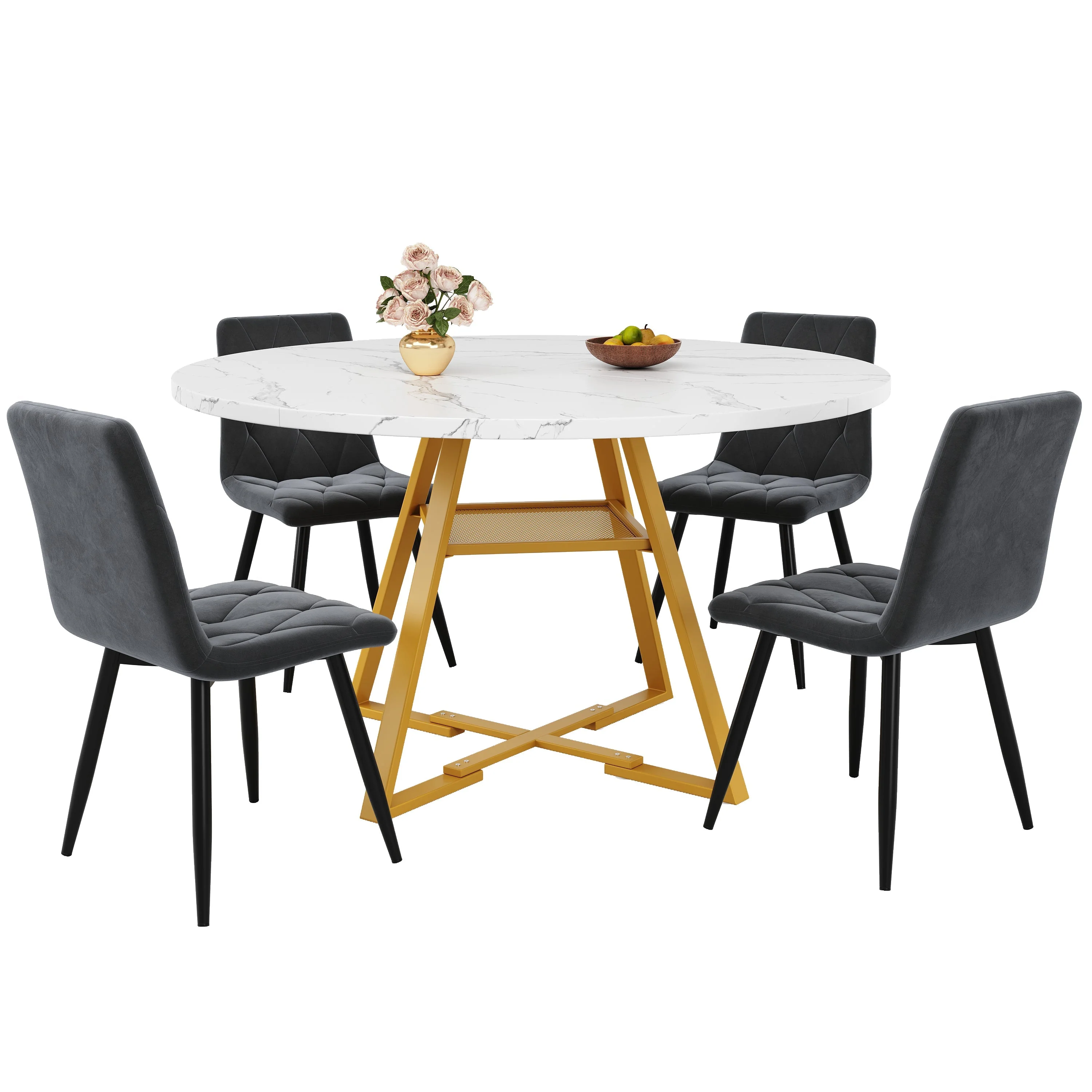 Round Dining Table Metal Legs Marble Look - Black/White - Image 17