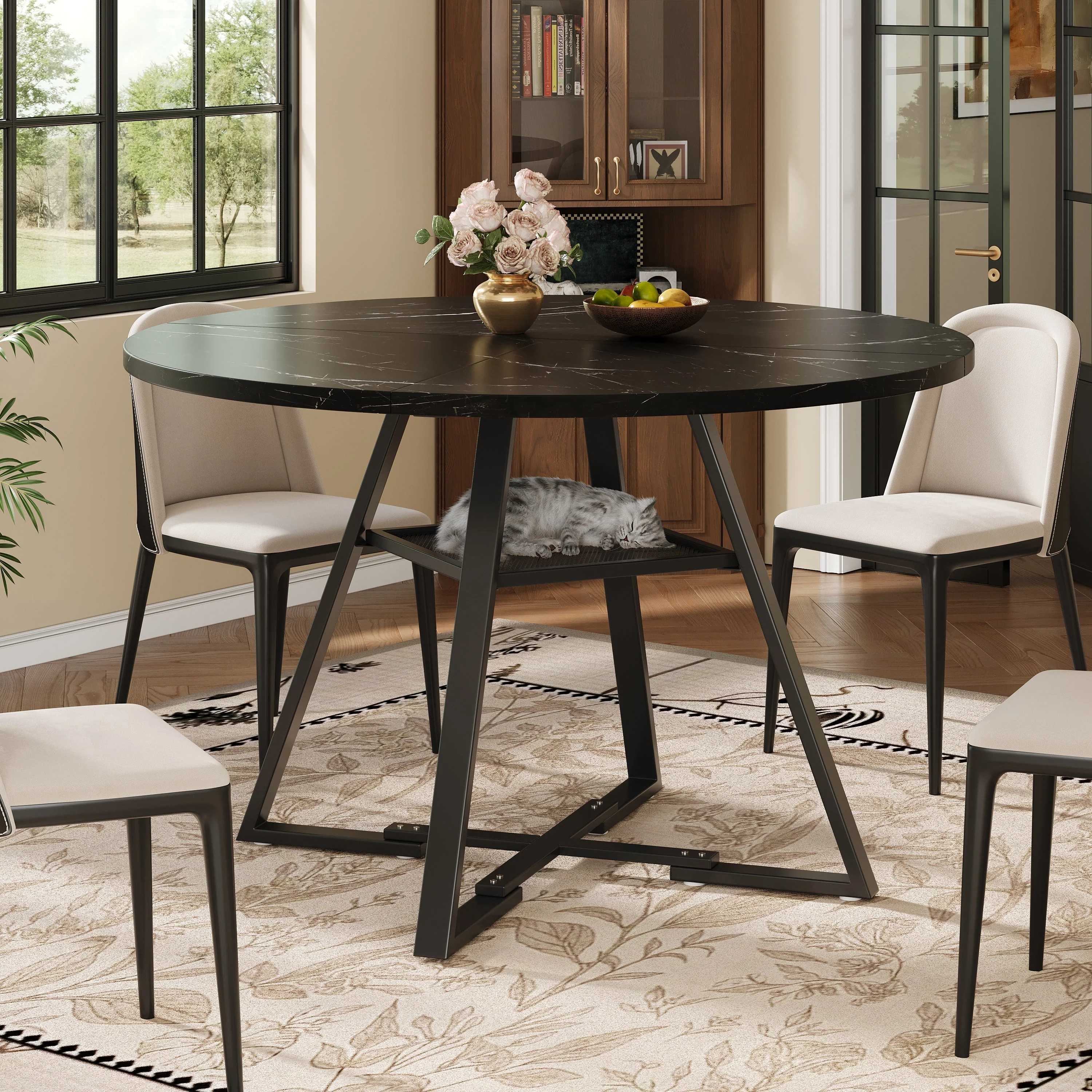 Round Dining Table Metal Legs Marble Look - Black/White - Image 2
