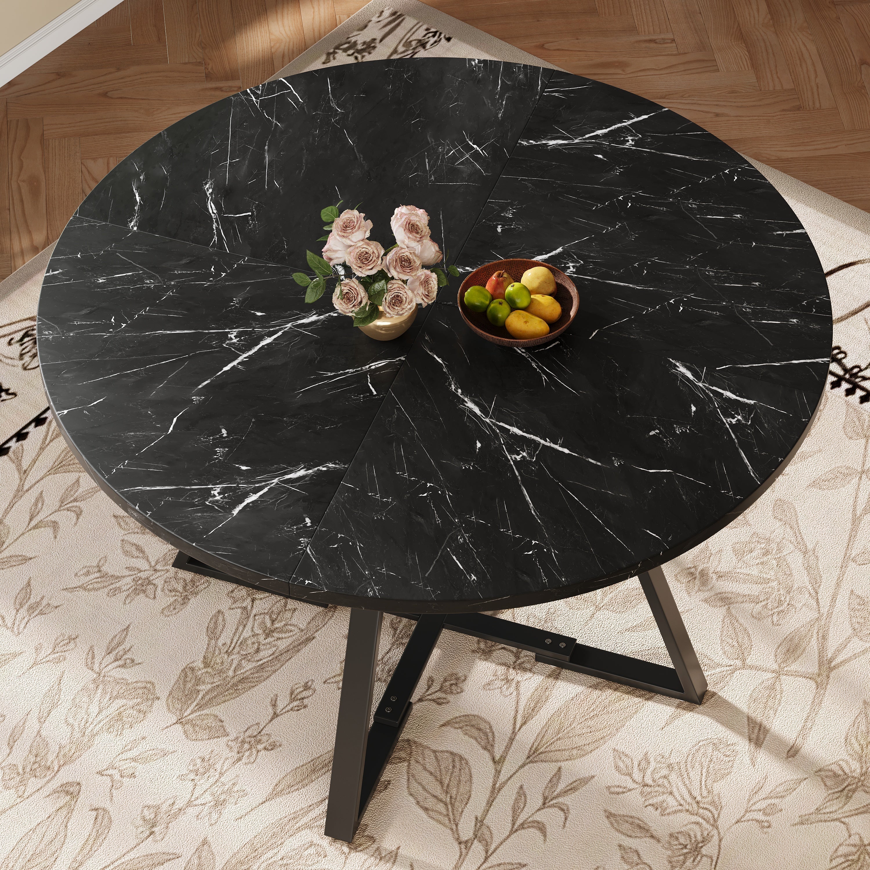 Round Dining Table Metal Legs Marble Look - Black/White - Image 3