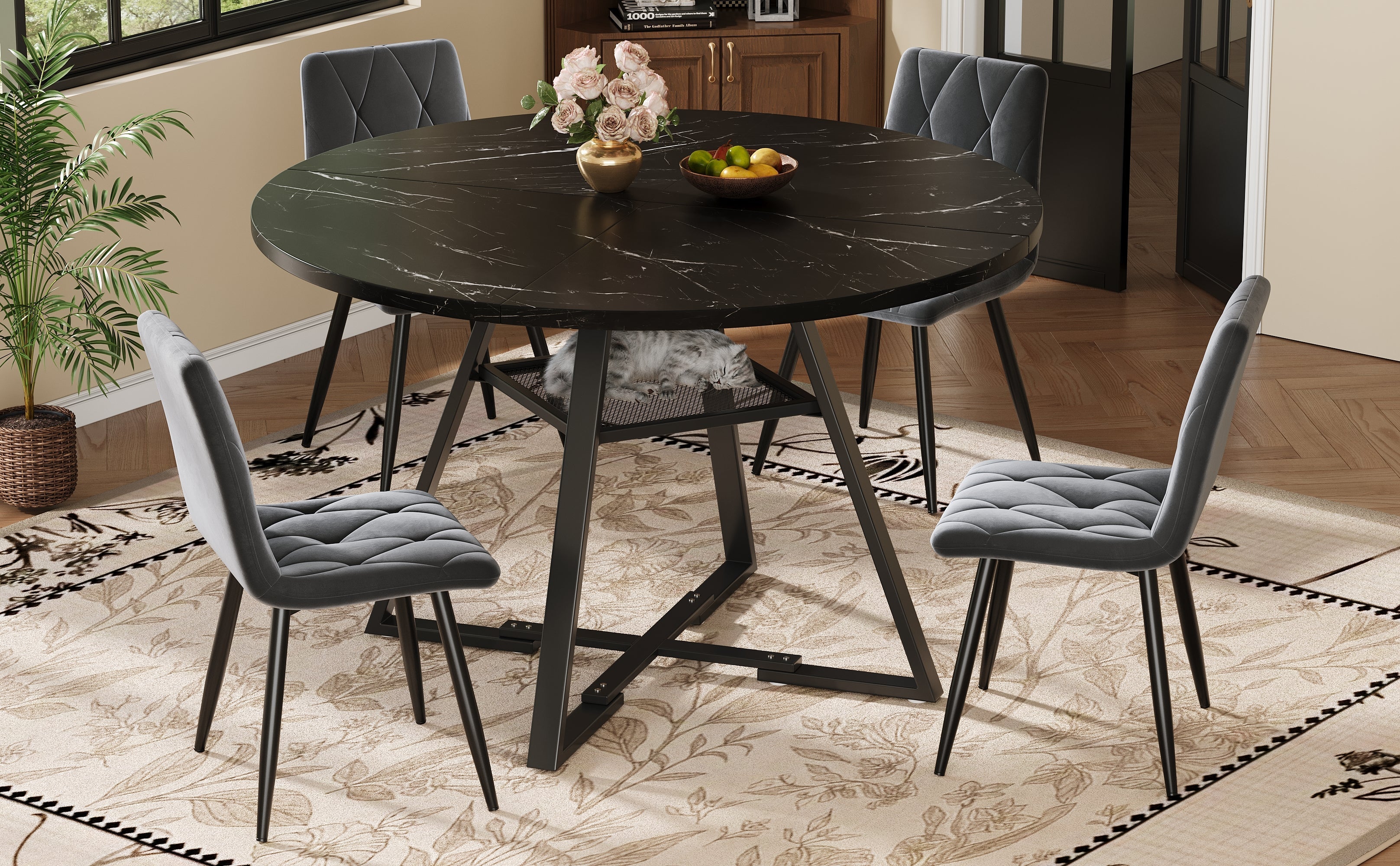 Round Dining Table Metal Legs Marble Look - Black/White - Image 4