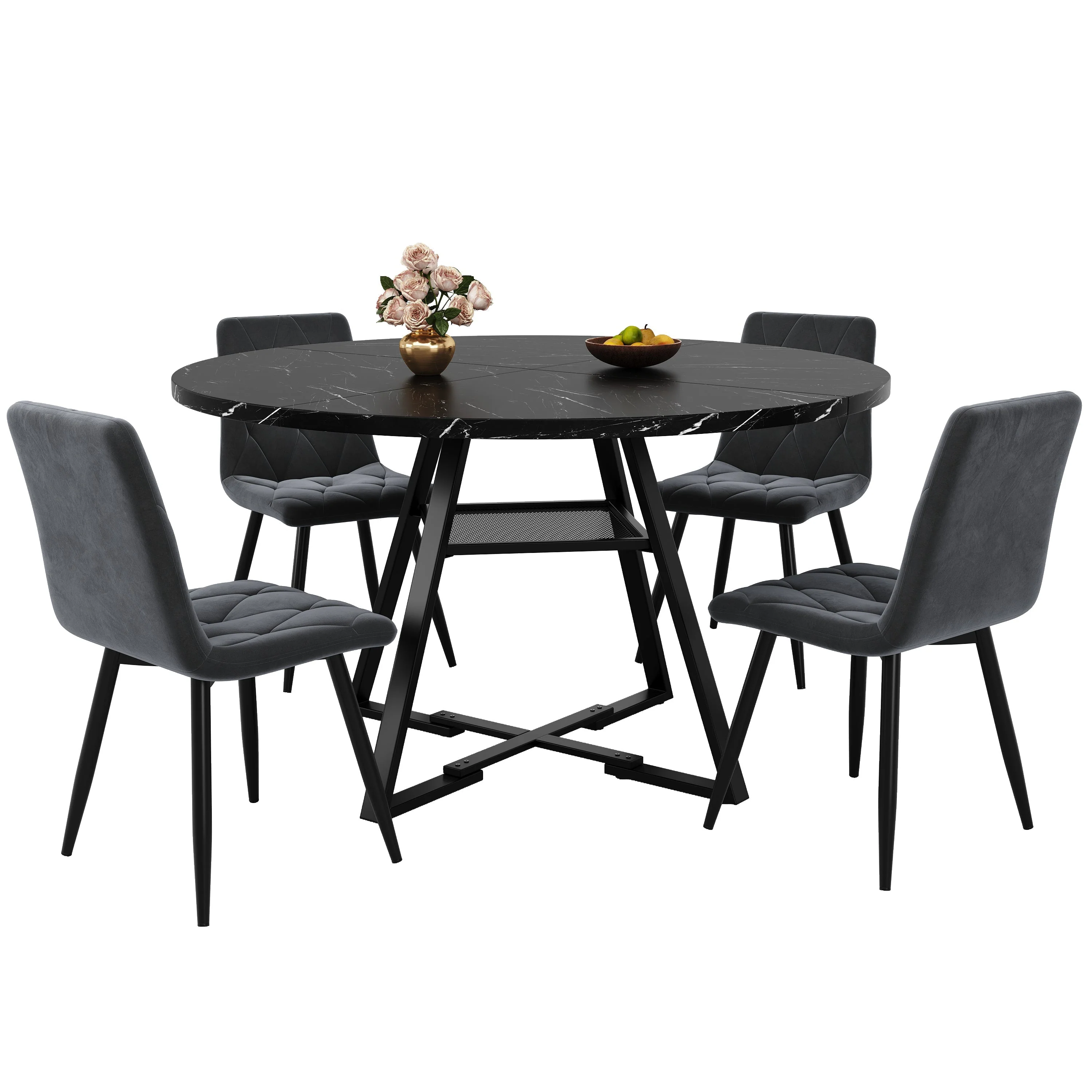 Round Dining Table Metal Legs Marble Look - Black/White - Image 8