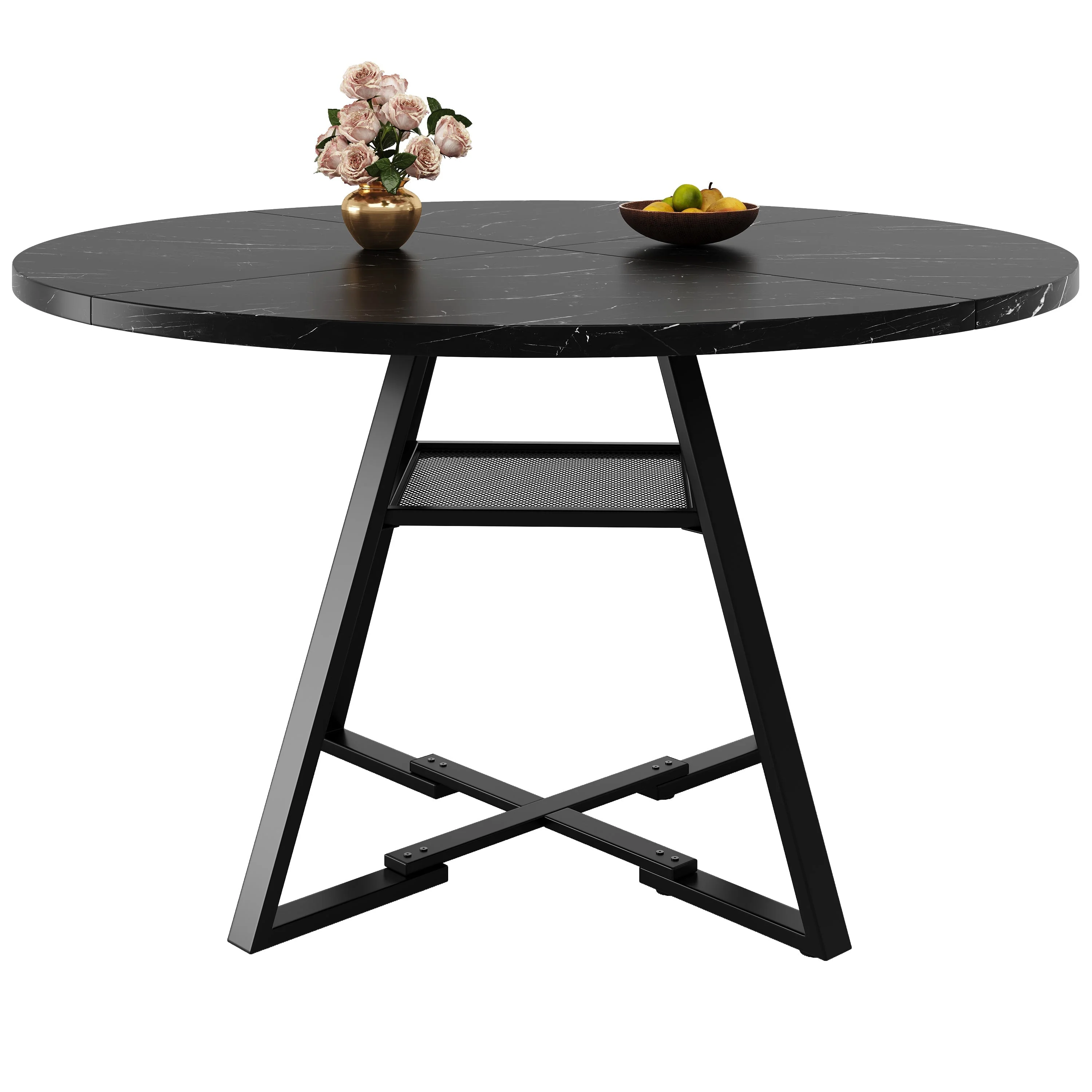 Round Dining Table Metal Legs Marble Look - Black/White - Image 9