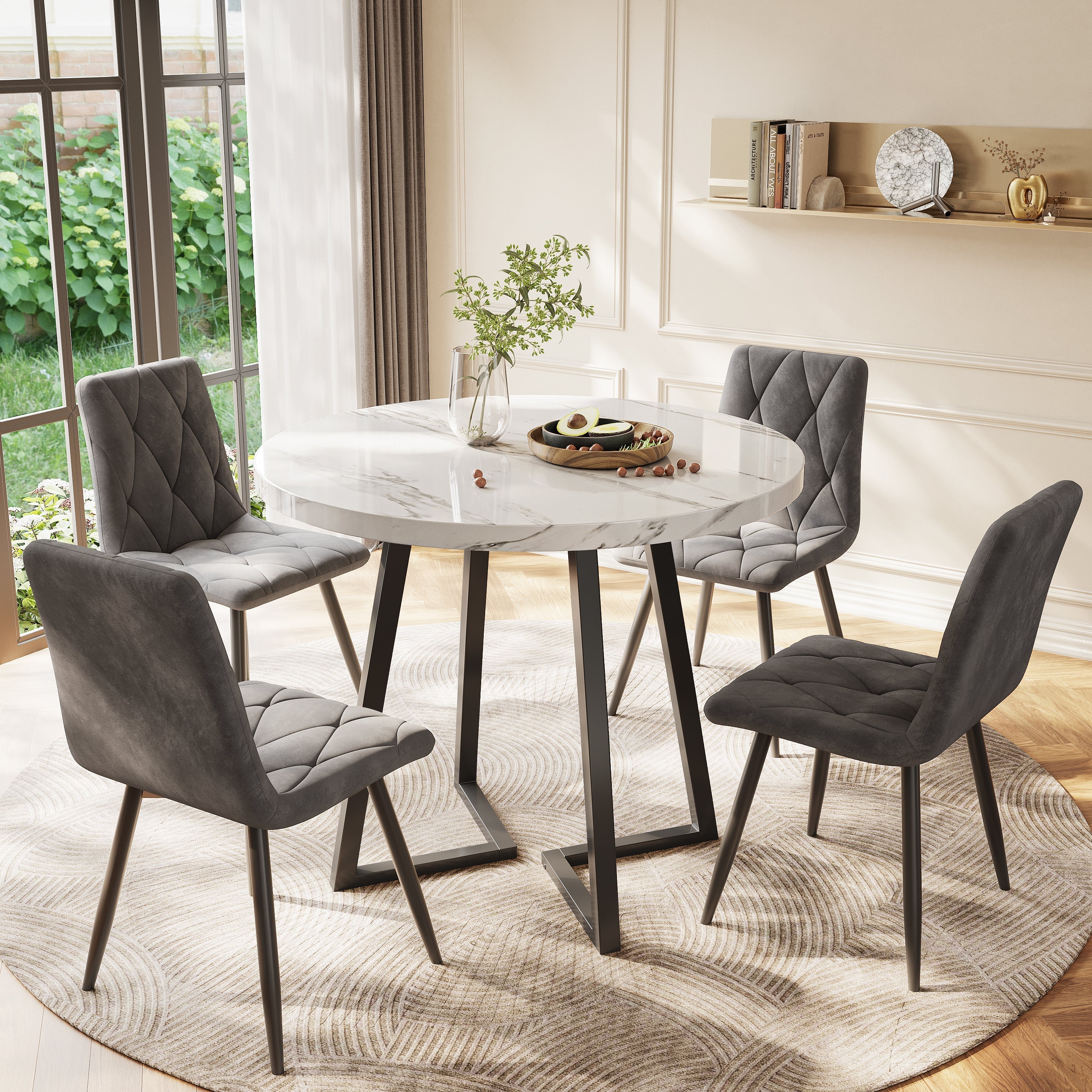 Round Dining Table, Modern Marble Pattern, Unique Metal Frame, White/Black - Image 2