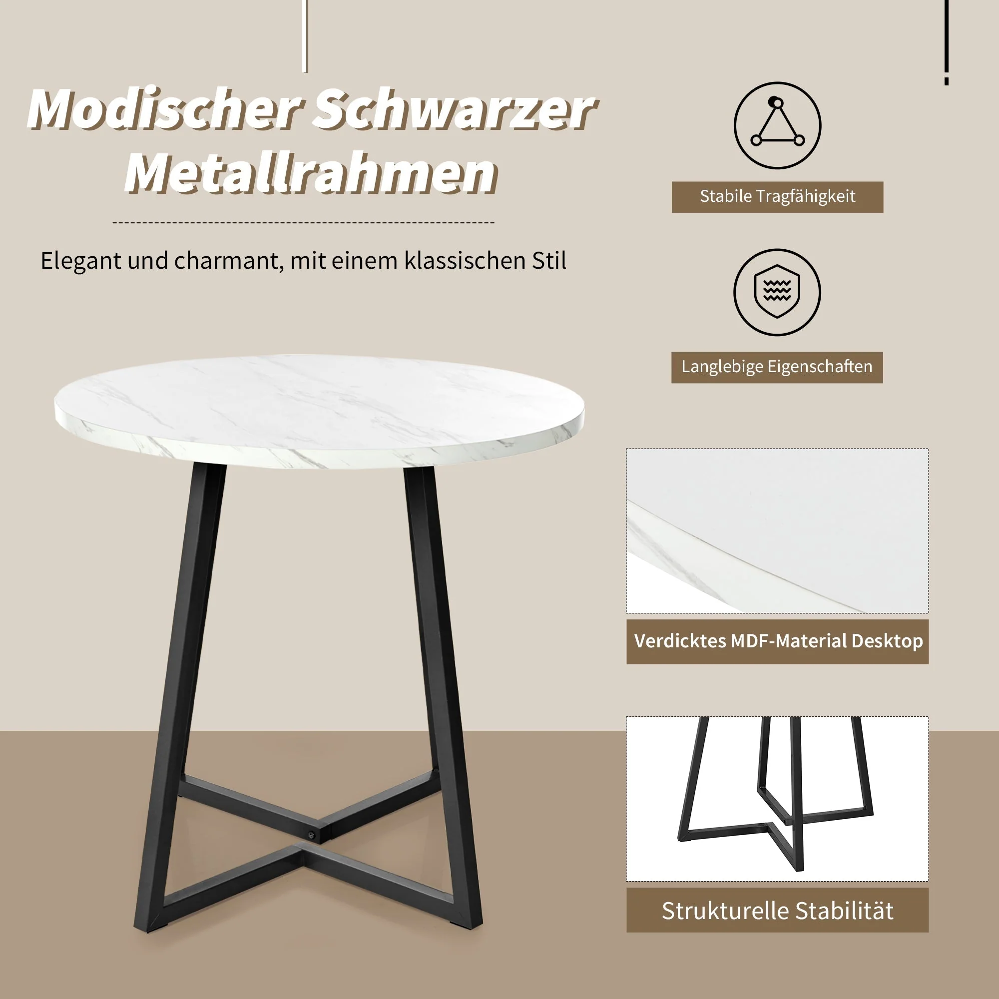 Round Dining Table, Modern Marble Pattern, Unique Metal Frame, White/Black - Image 4