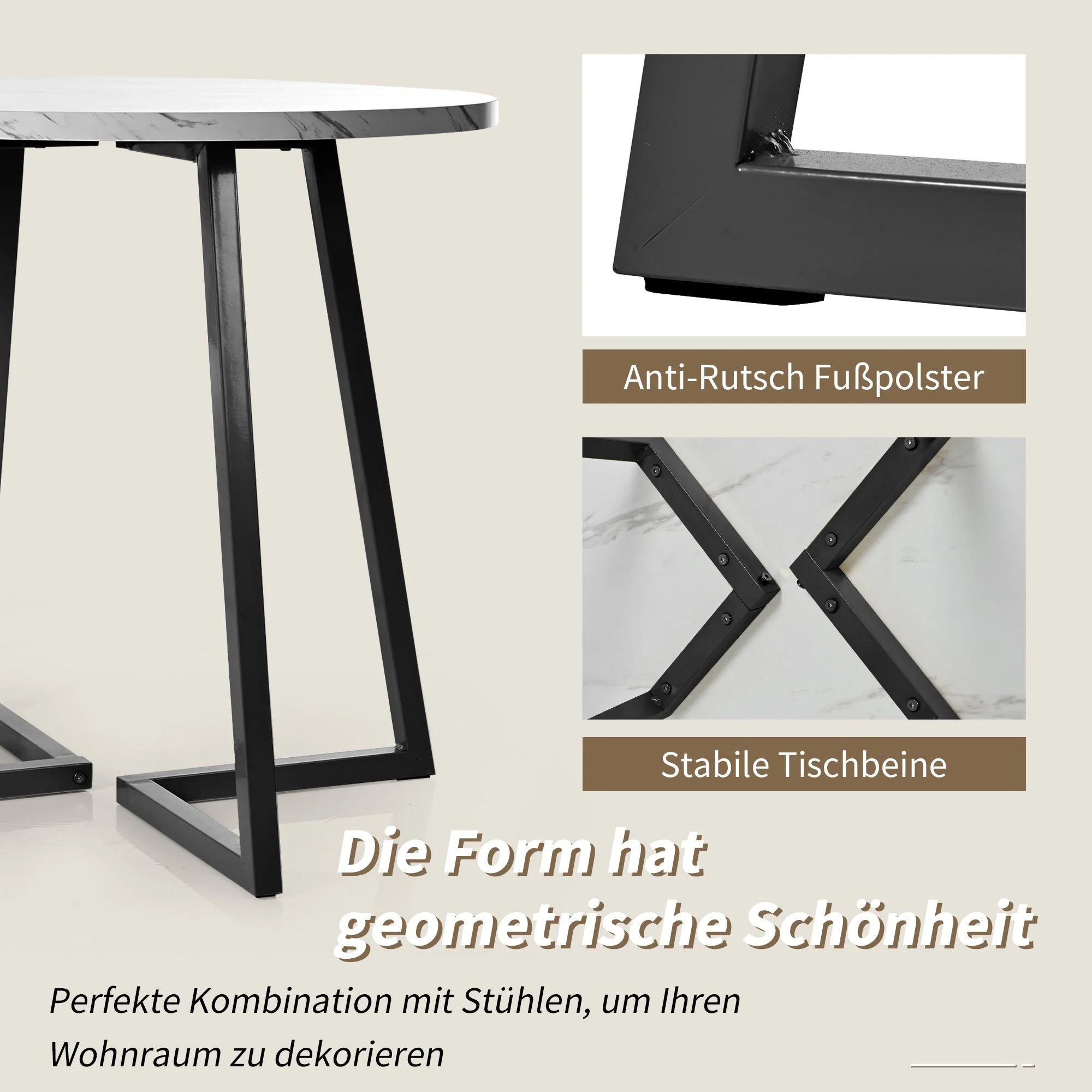 Round Dining Table, Modern Marble Pattern, Unique Metal Frame, White/Black - Image 5